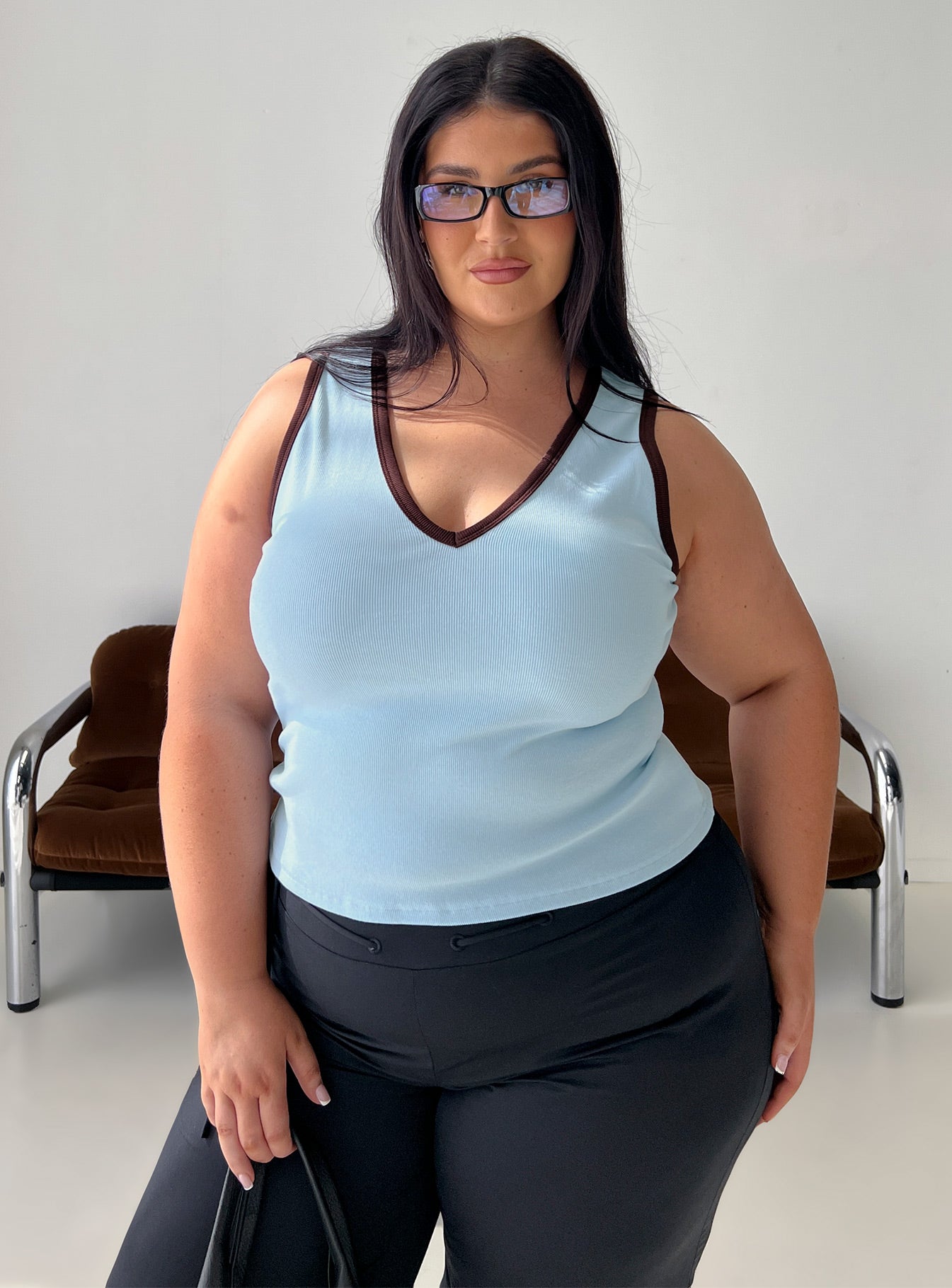 Baseline V Neck Rib Tank Top Blue  Brown Curve