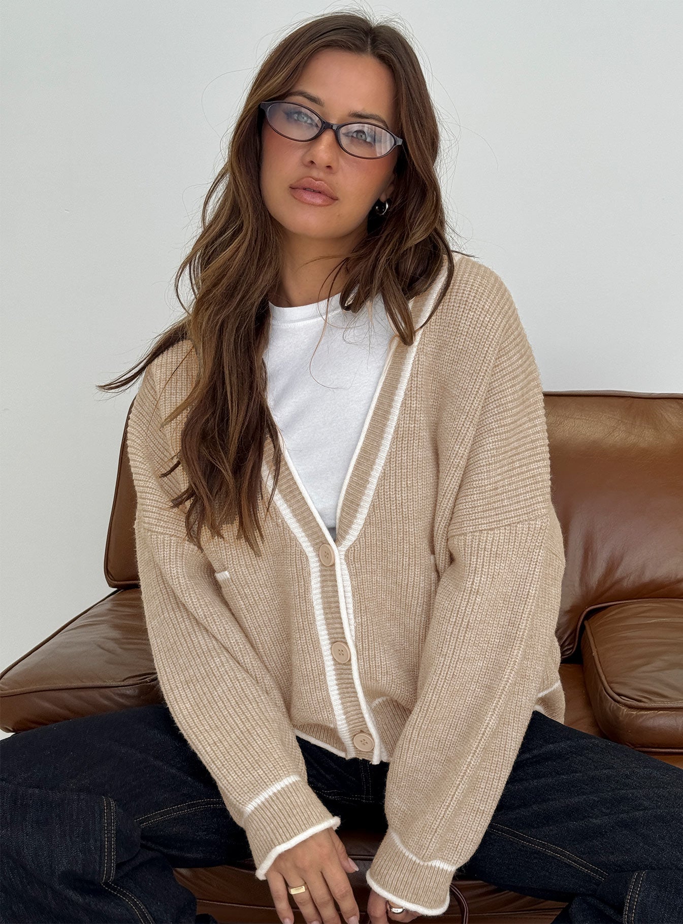 Cressara Contrast Knit Cardigan Beige  White