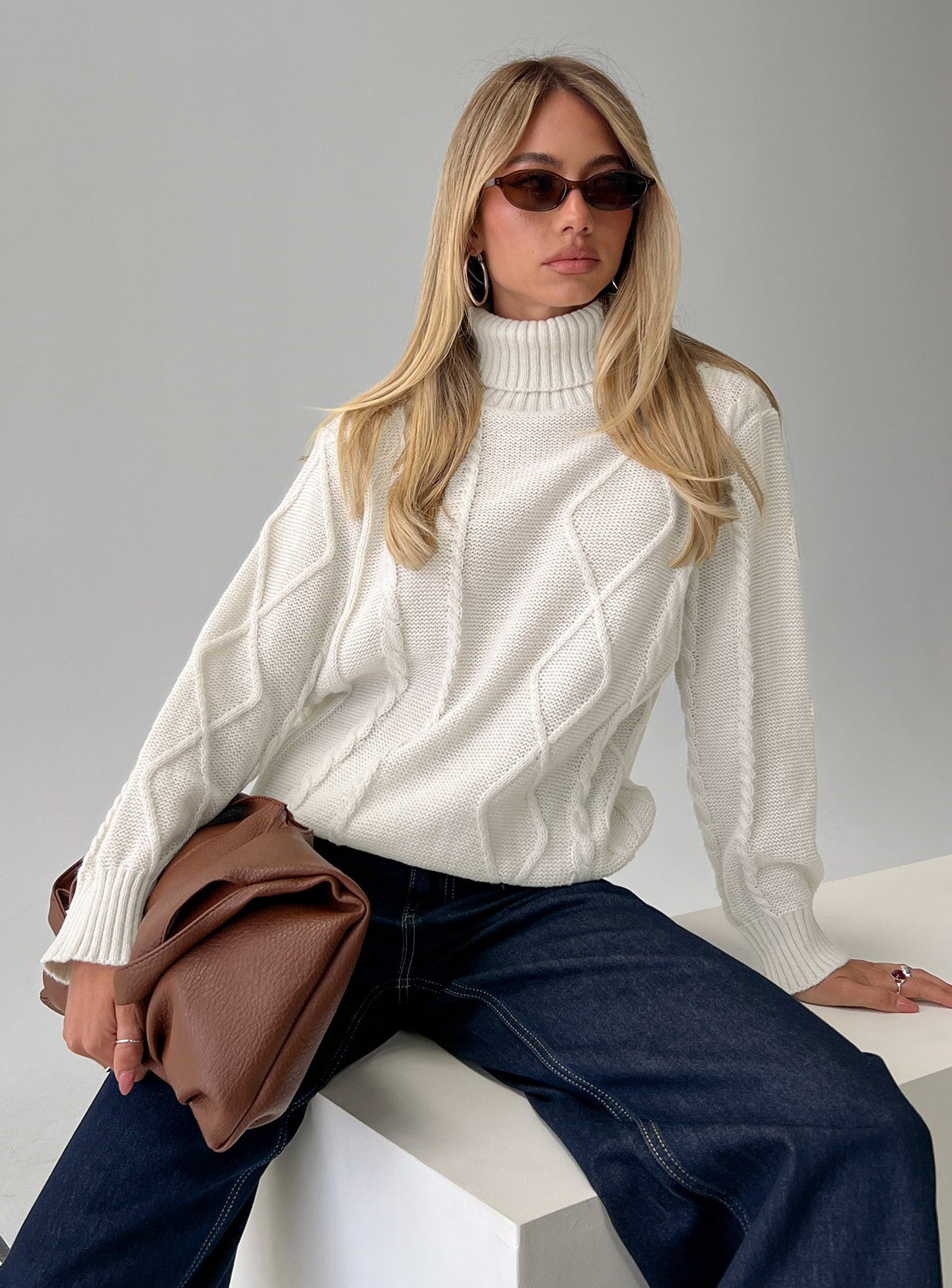 Tarynne Cable Knit Turtle Neck Sweater Beige - Image 8