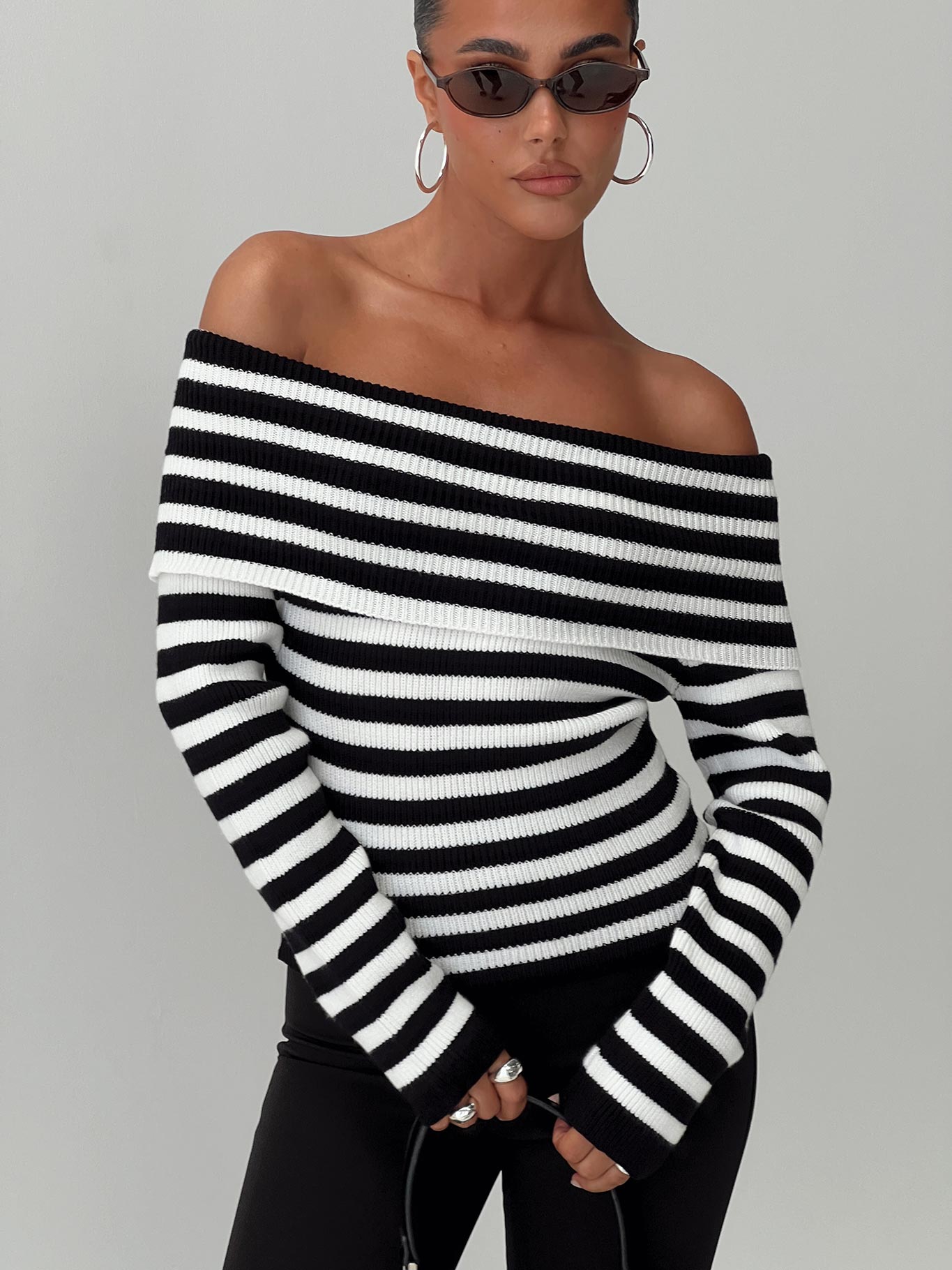 Danyel Off The Shoulder Sweater Black  White Stripe