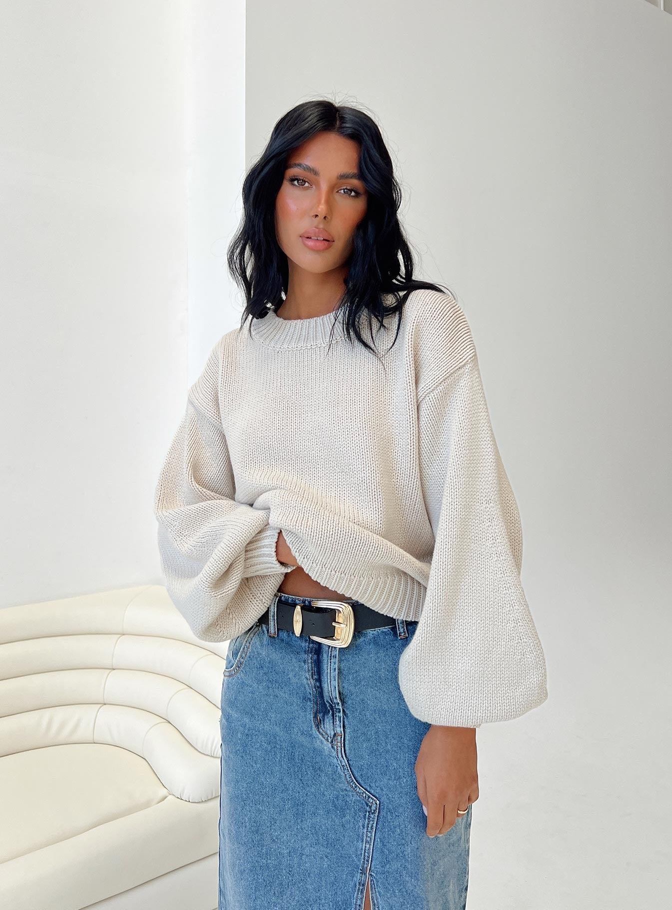 Harmony Balloon Sleeve Knit Sweater Beige - Image 7
