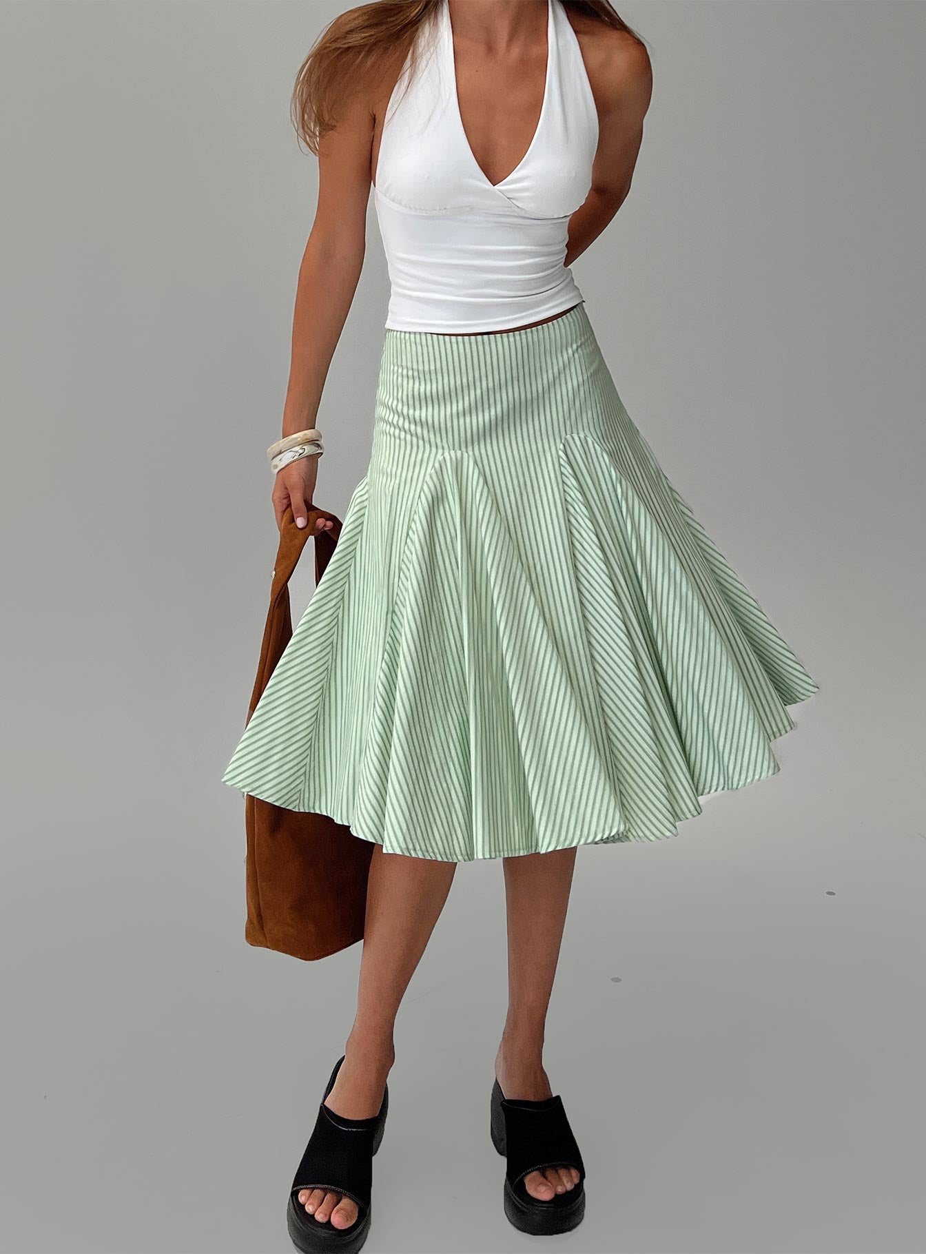 Evangaleine Pleat Midi Skirt Green  White