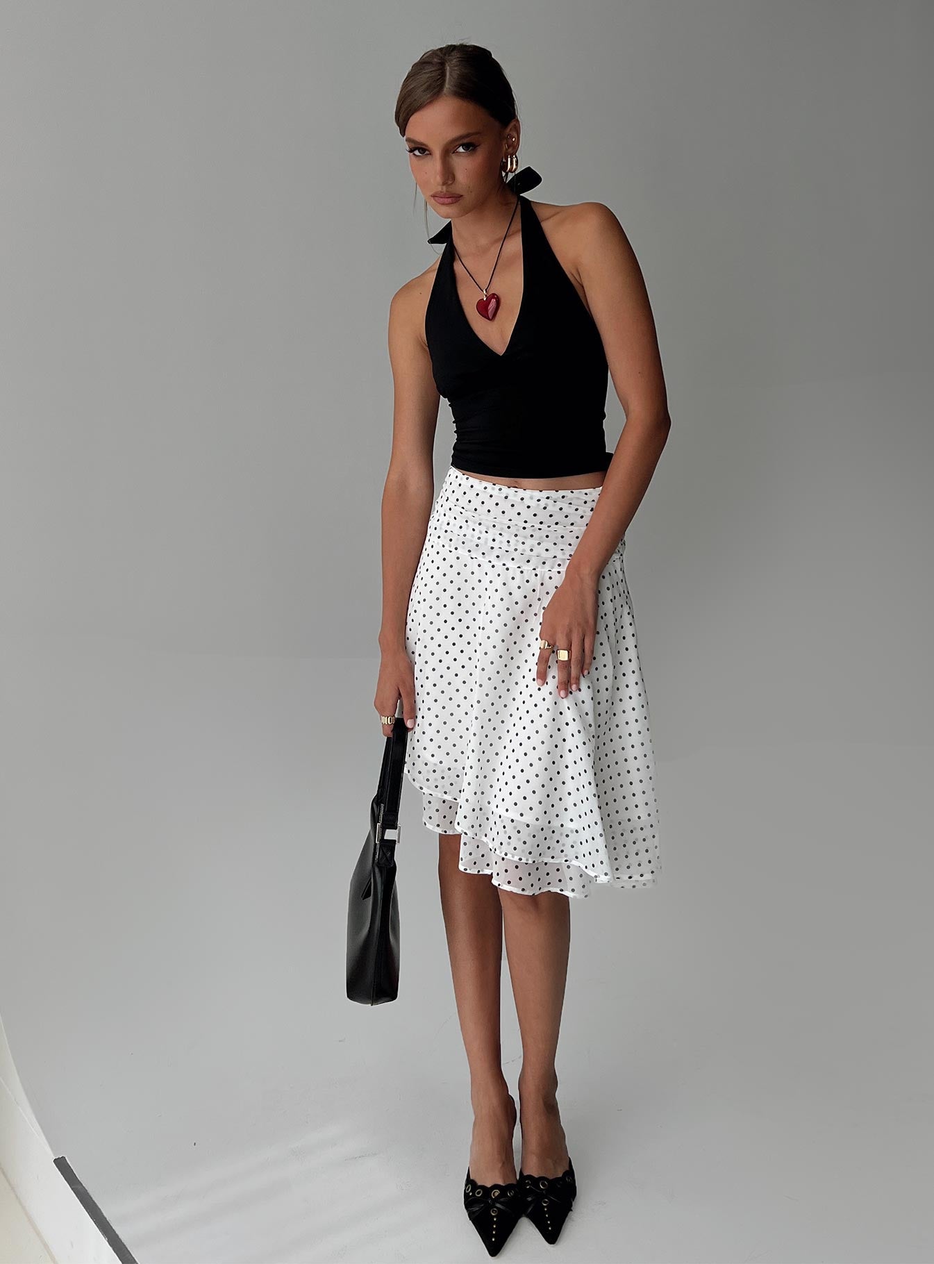 Evanescence Asymmetrical Midi Skirt White Polka Dot - Image 8
