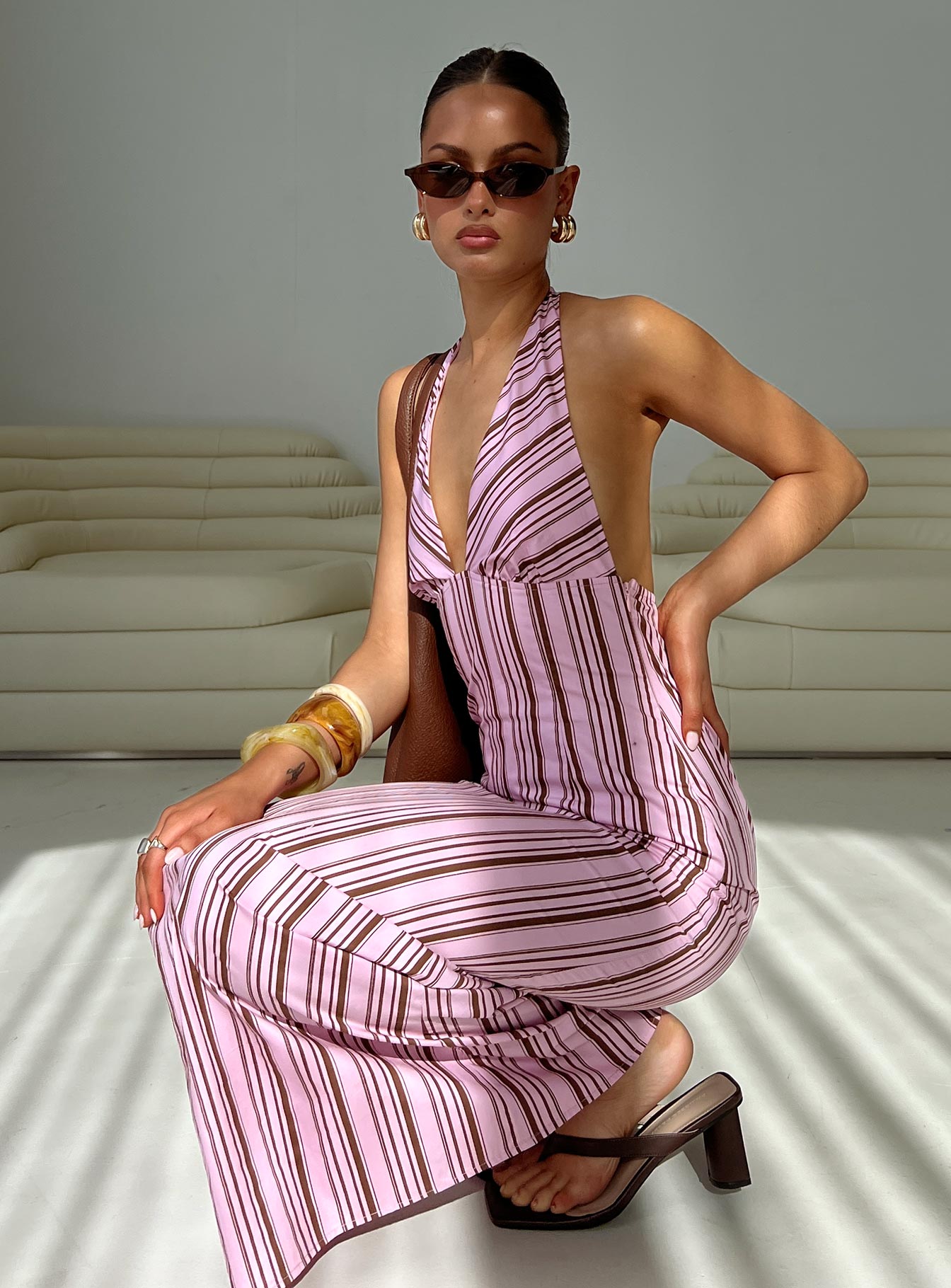 Avrie Halter Maxi Dress Pink  Brown Stripe