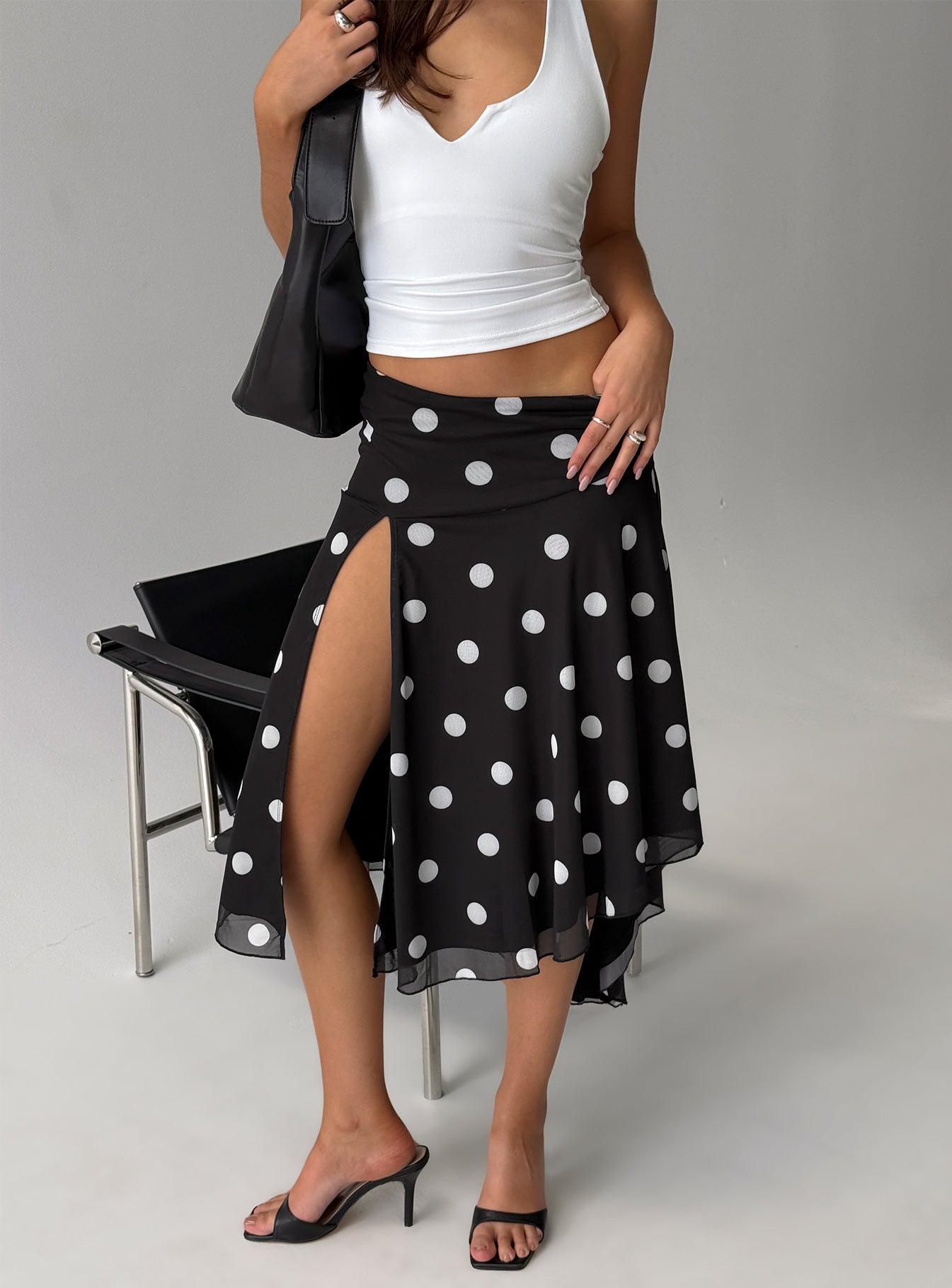 Dulciana High Split Asymmetrical Midi Skirt Black  Polka Dot