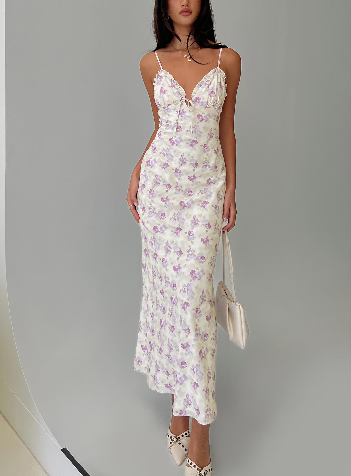 Jessamine Frill Maxi Dress White  Lilac