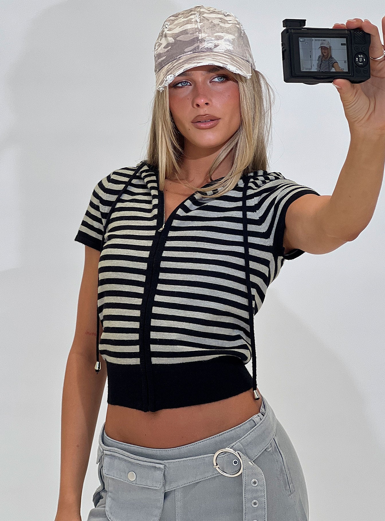 Kahlee Zip Through Hoodie Grey  Black Stripe