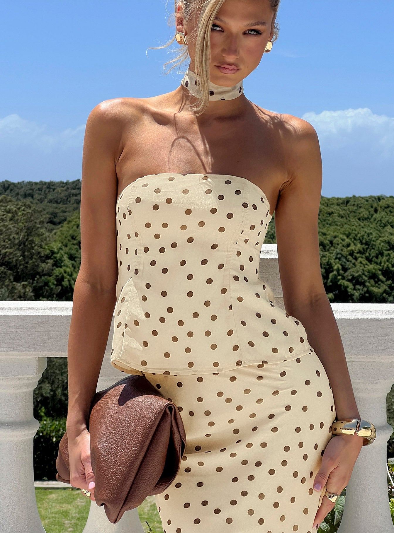 Sydni Scarf Detail Strapless Top Yellow  Chocolate Polka