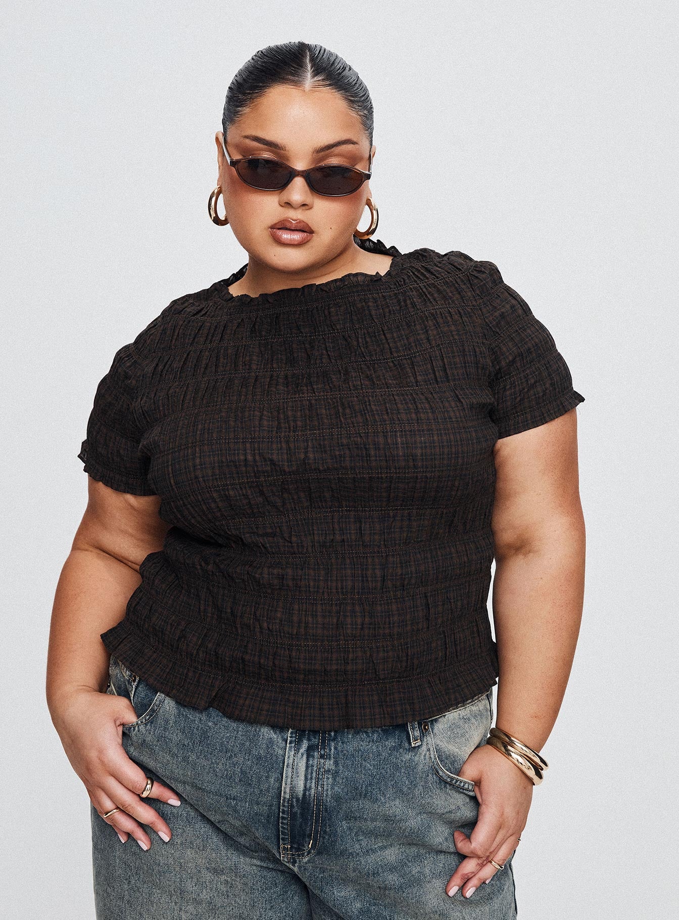 Romelle Shirred Top Black Brown Plaid - Image 11