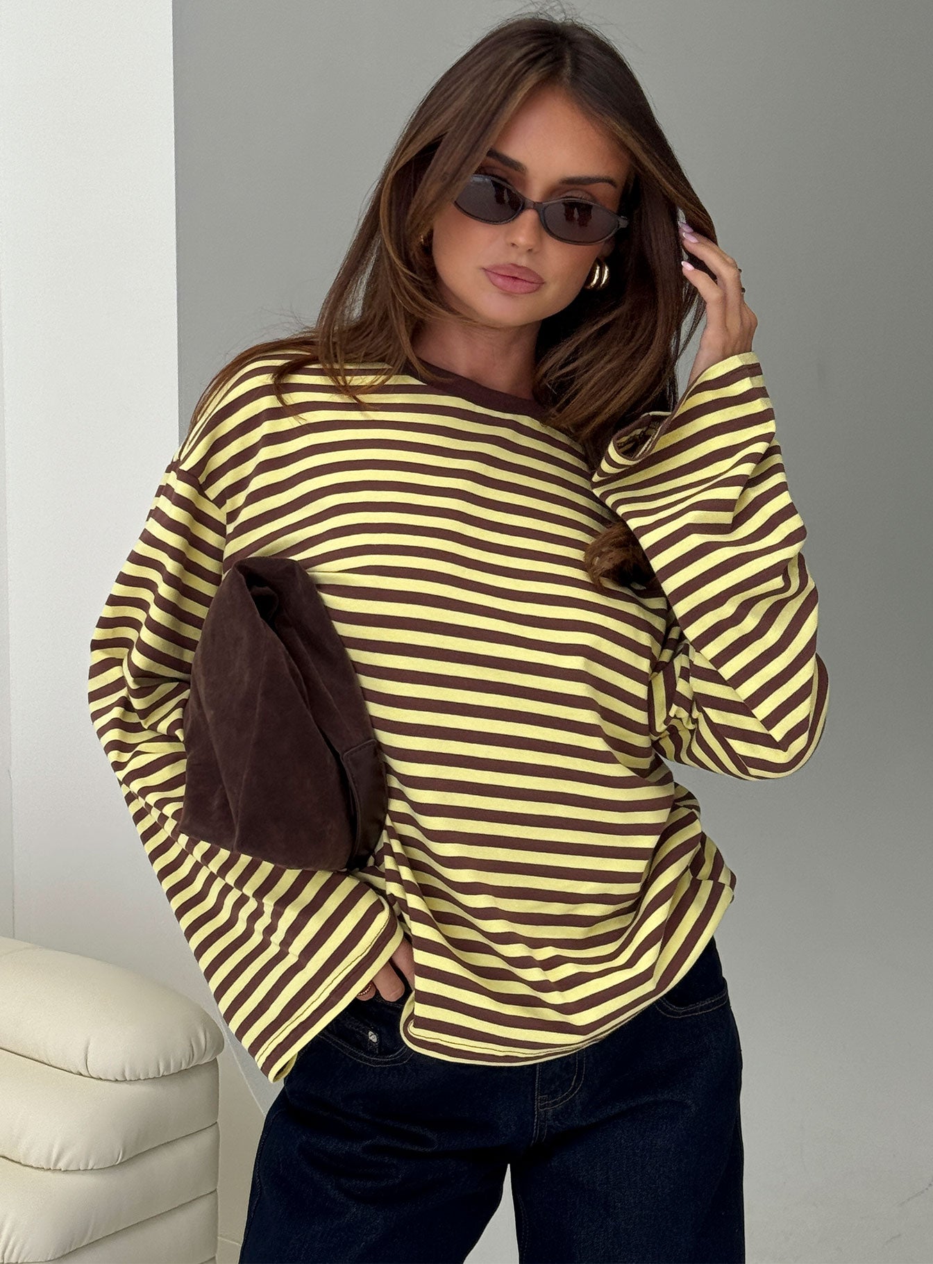 Settle Down Long Sleeve Top Yellow  Brown Stripe