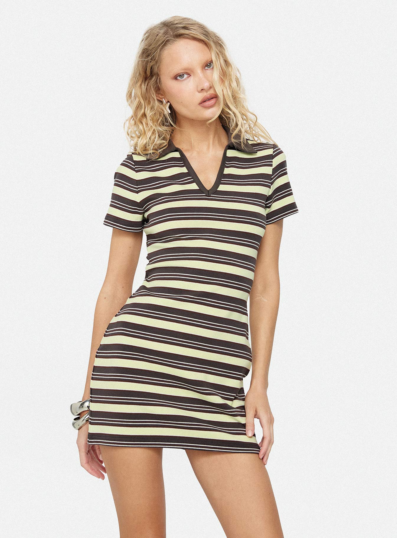 Zuria Collared V-neck Mini Dress Brown  Yellow Stripe
