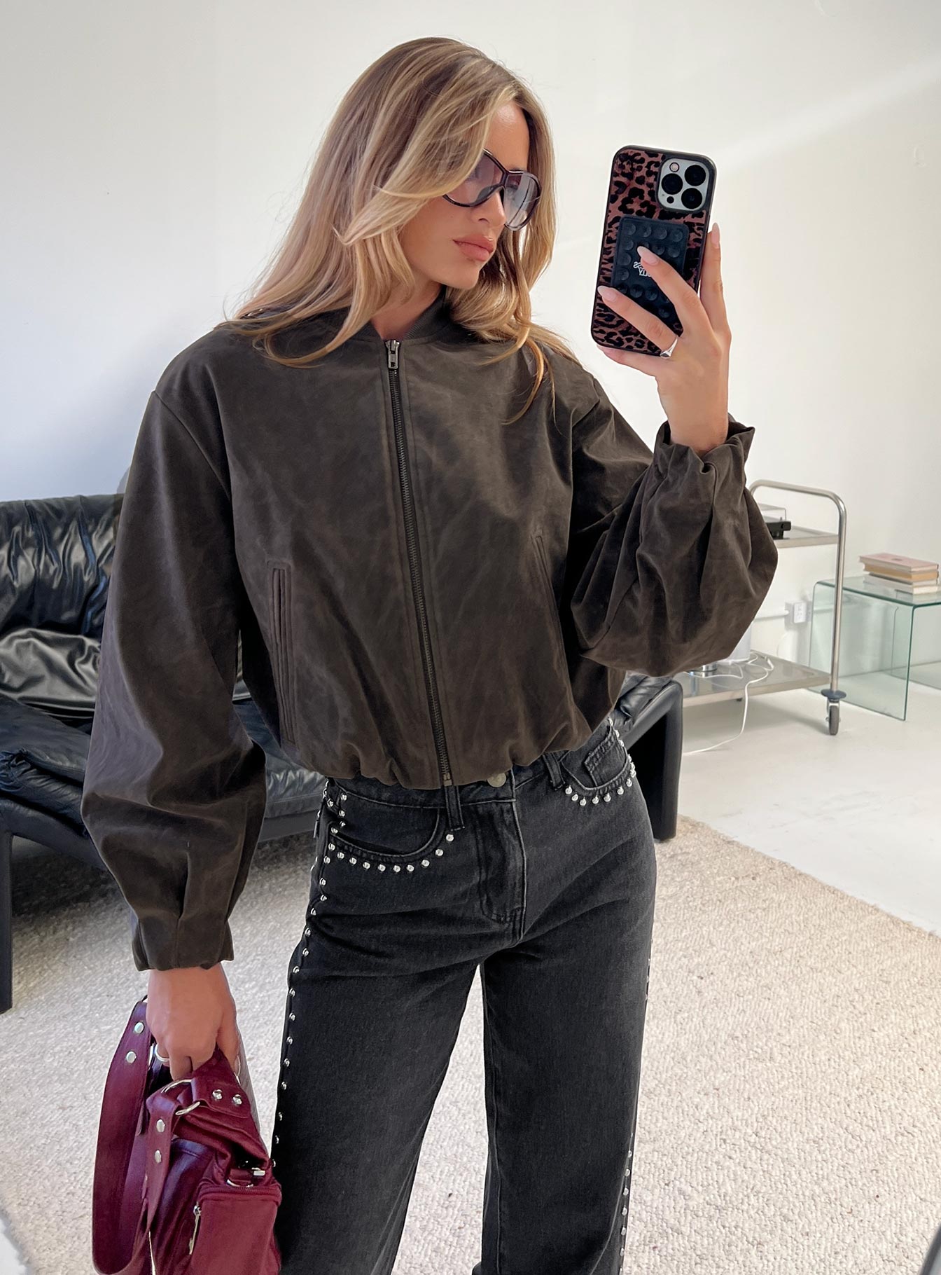 Mastery Faux Suede Bomber Jacket Charcoal - Image 8