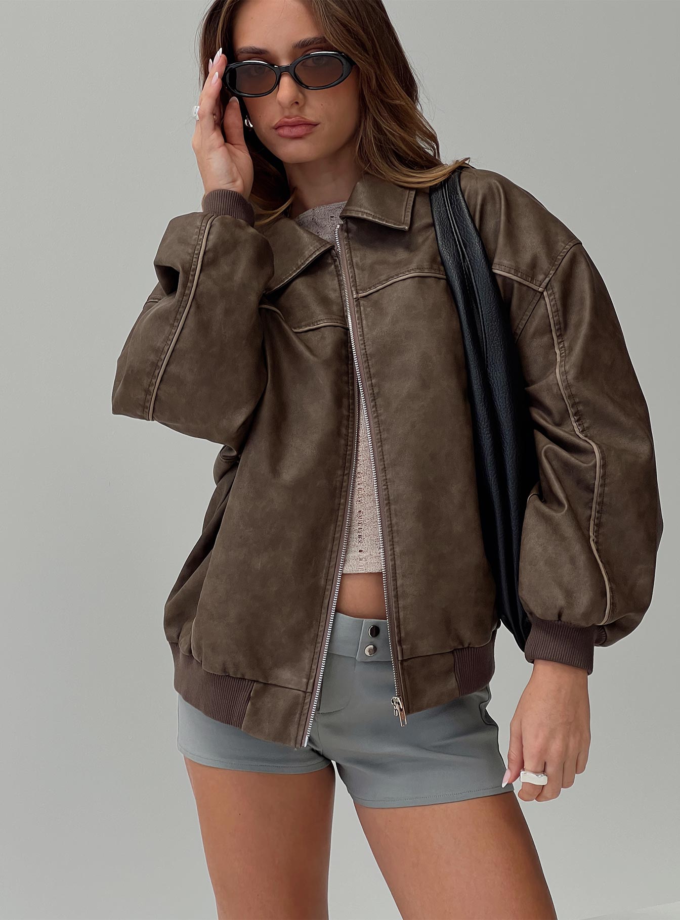 Goldsmith Faux Leather Bomber Jacket Washed Dark Brown - Image 8