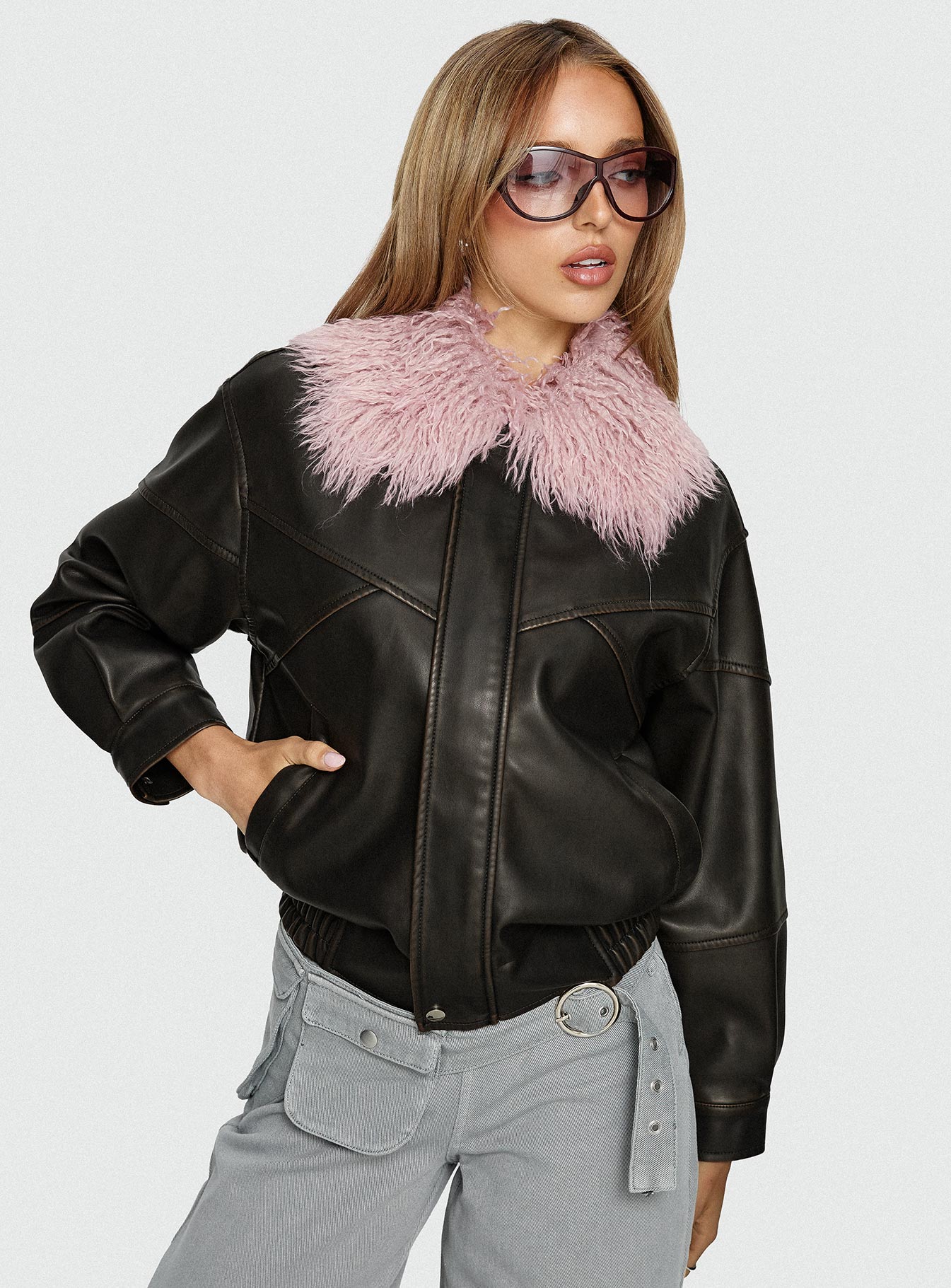 Brittanni Fluffy Collar Jacket Brown  Pink