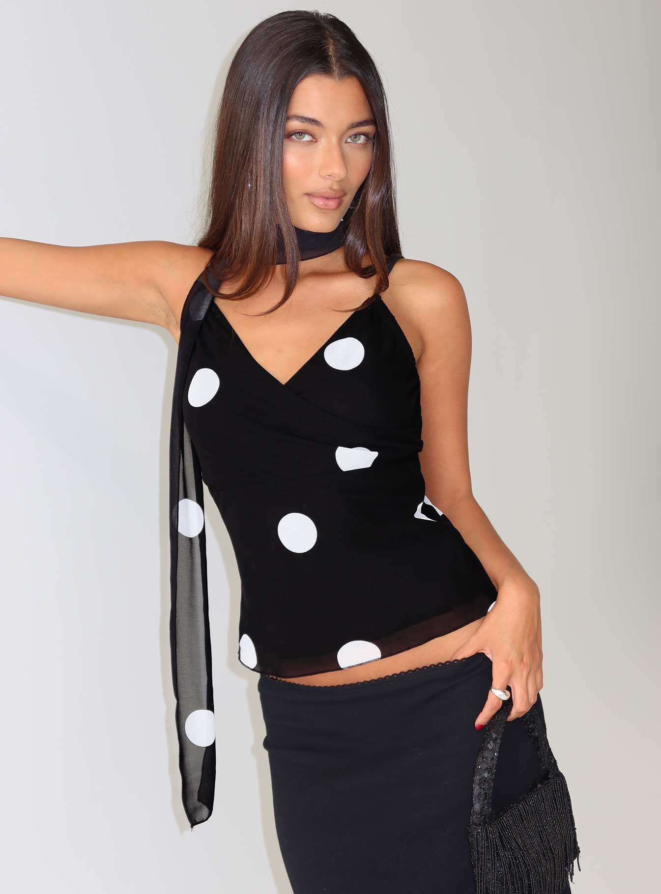 Jenae Scarf Detail Cami Top Black  White Polka