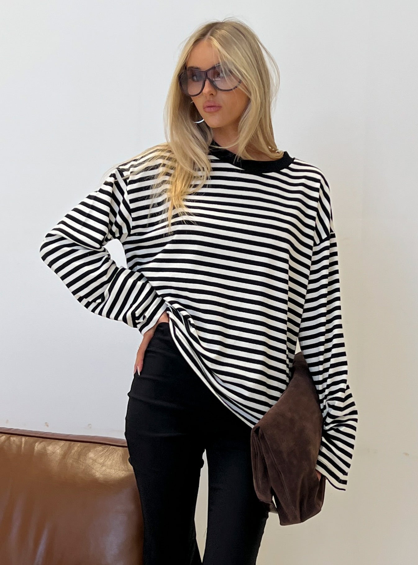 Settle Down Long Sleeve Top Black  White Stripe