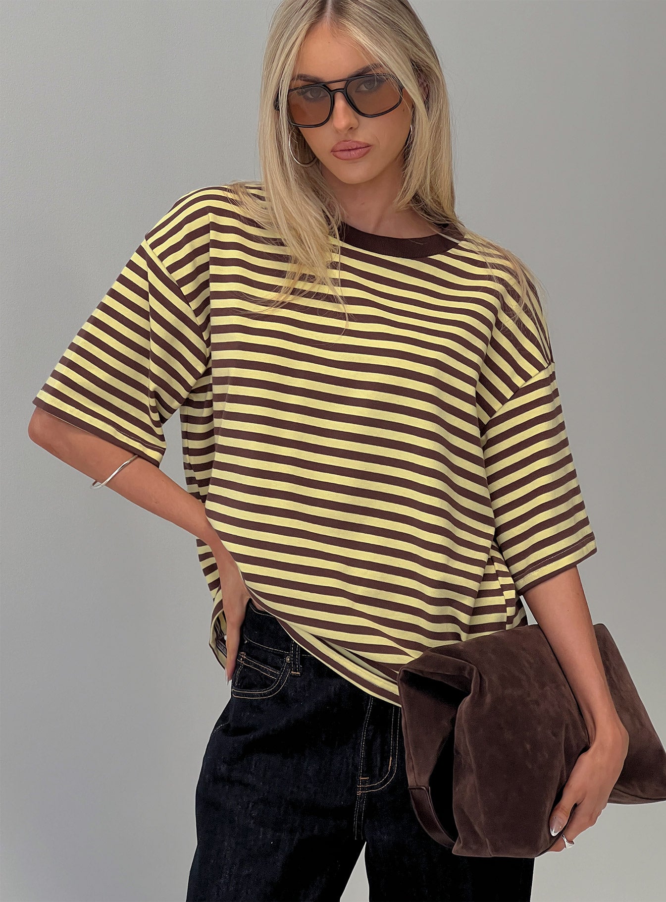 Settle Down Short Sleeve Top Yellow  Brown Stripe