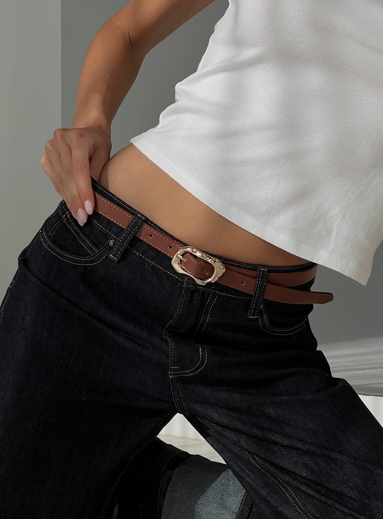 Capeside Faux Leather Belt Brown  Gold