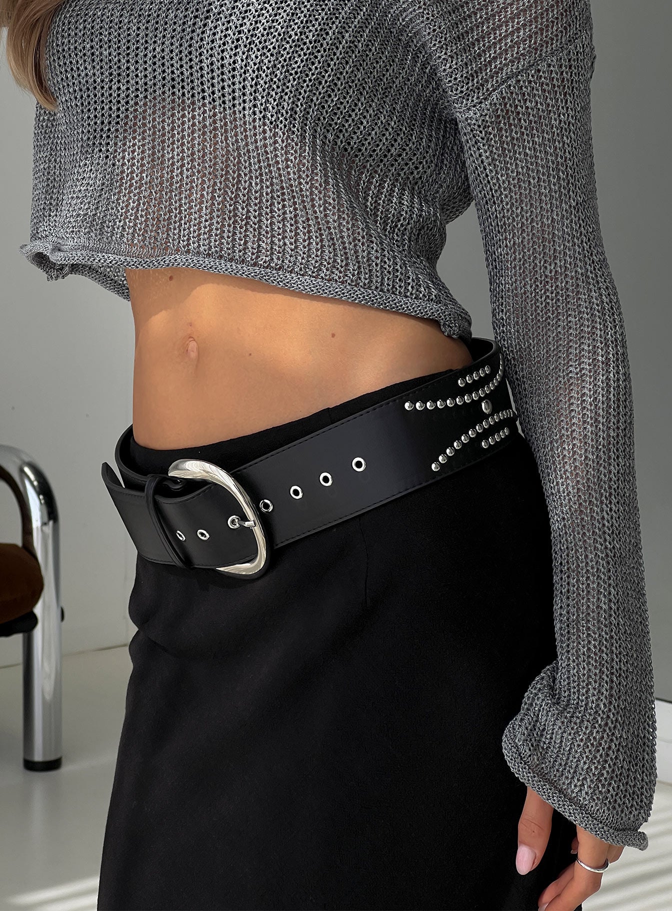 Jordynne Studded Faux Leather Belt Black  Silver