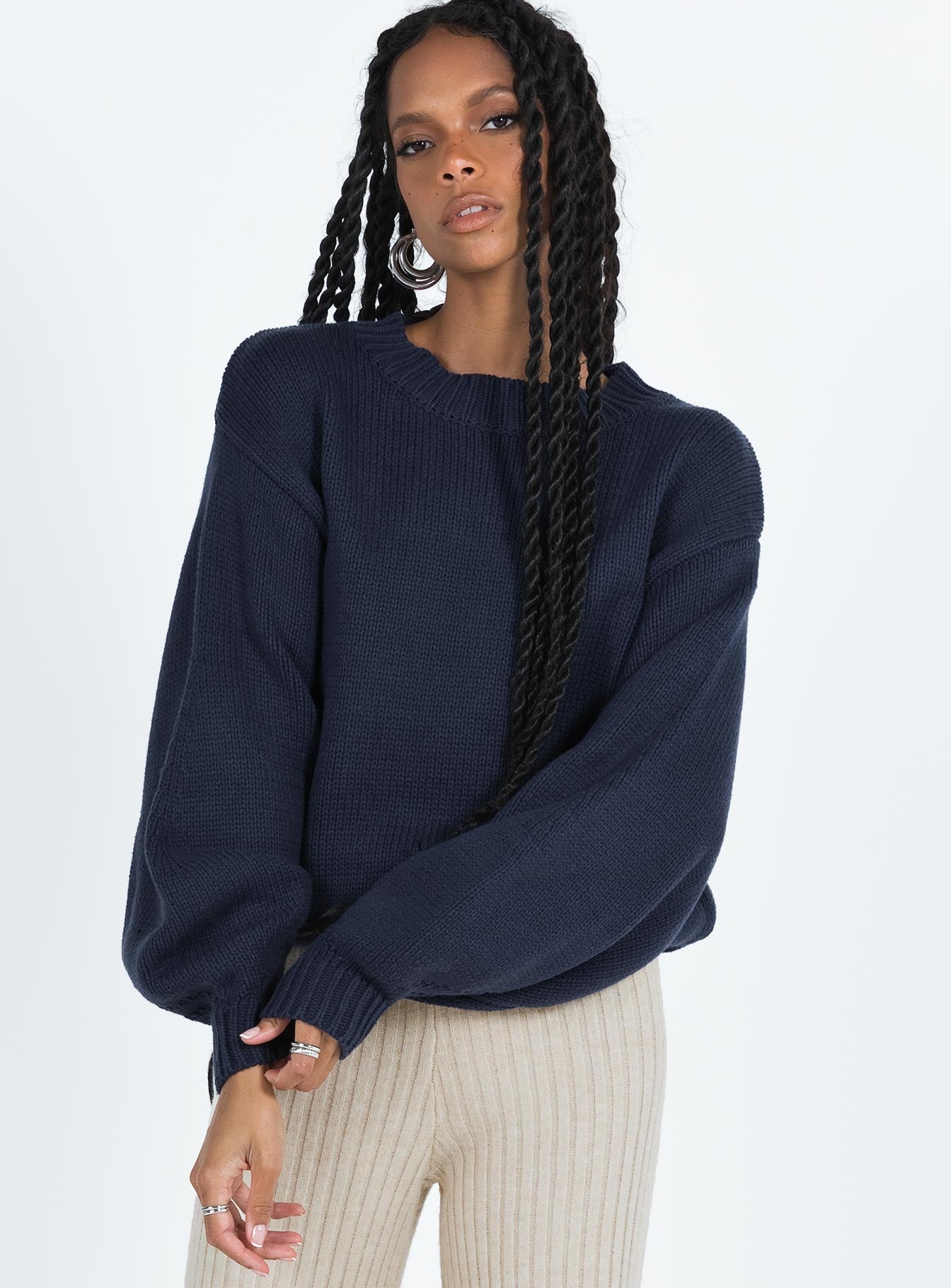 Harmony Balloon Sleeve Knit Sweater Navy - Image 3