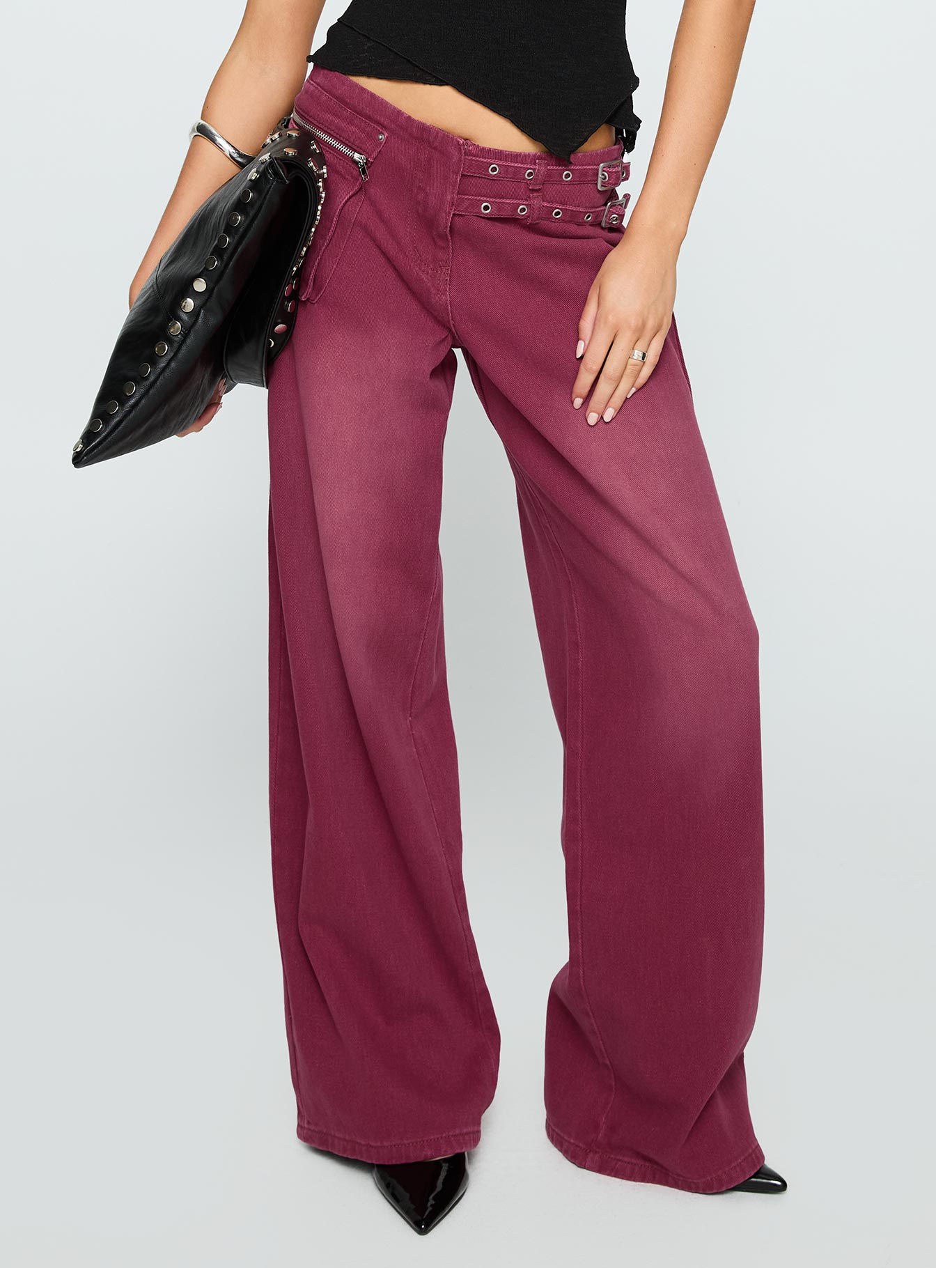 Paltrow Mid Rise Wide Leg Cargo Jeans Washed Burgundy - Image 2