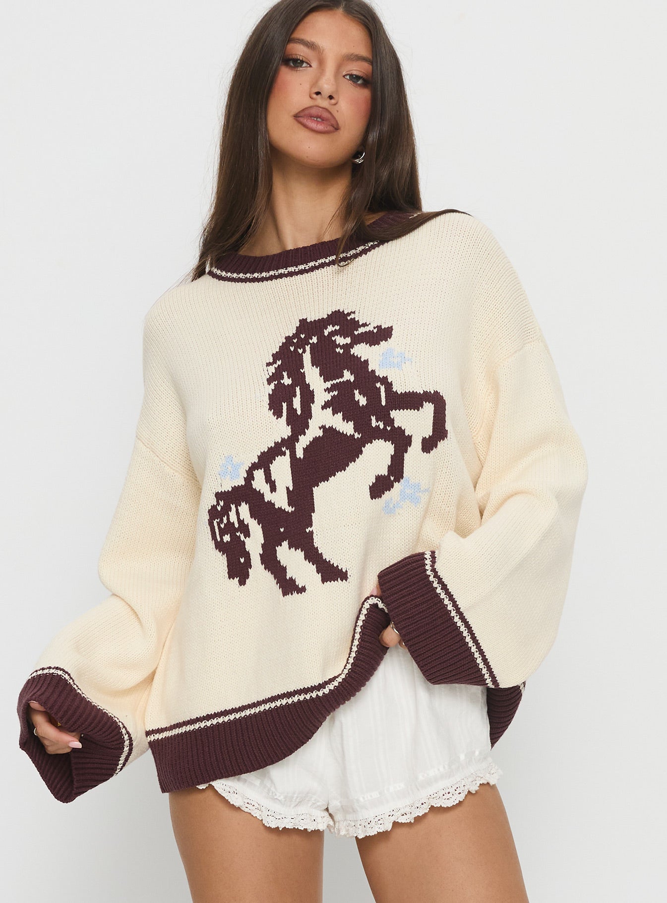 Rhianonn Horse Graphic Knit Sweater Cream Brown - Image 2