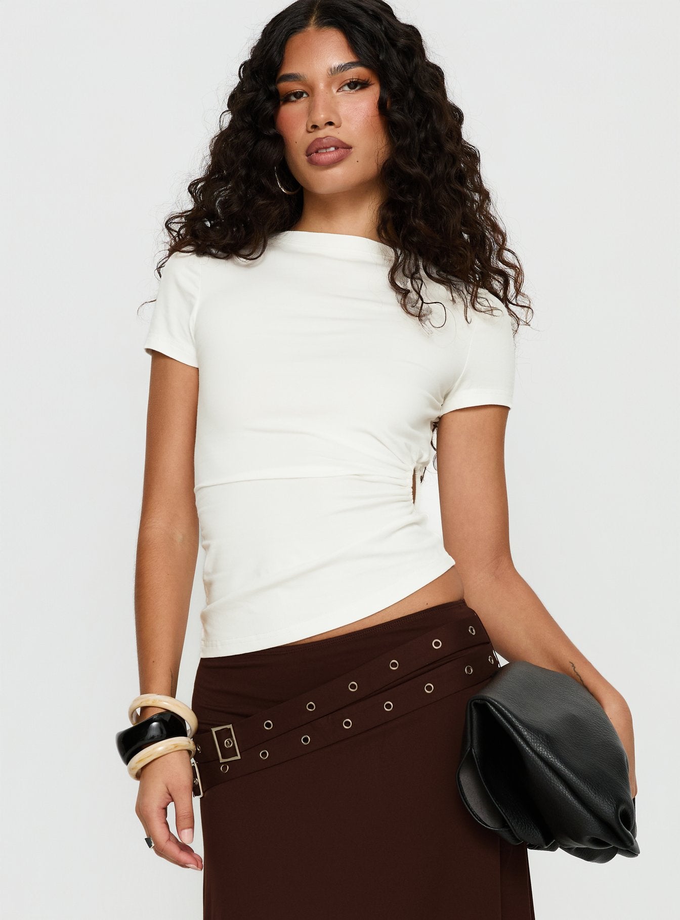 Lorensa Double Buckle Asymmetrical Midi Skirt Brown - Image 2