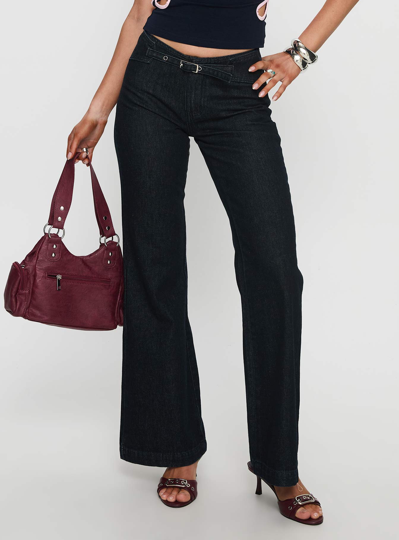 Slow Ride Mid Rise Bootleg Belted Jeans Dark Indigo Blue - Image 2
