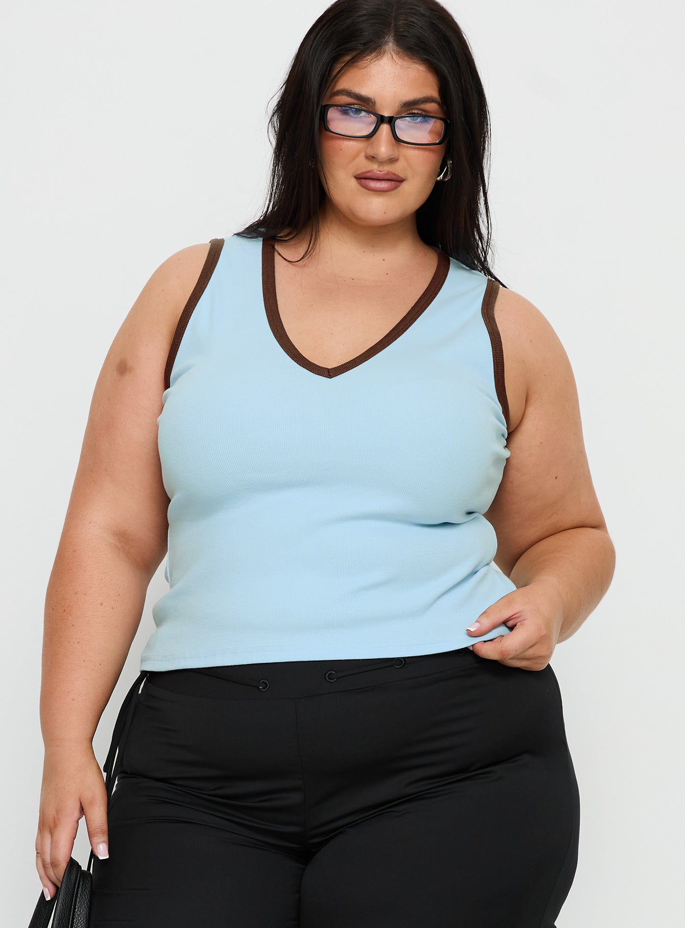 Baseline V Neck Rib Tank Top Blue Brown Curve - Image 2