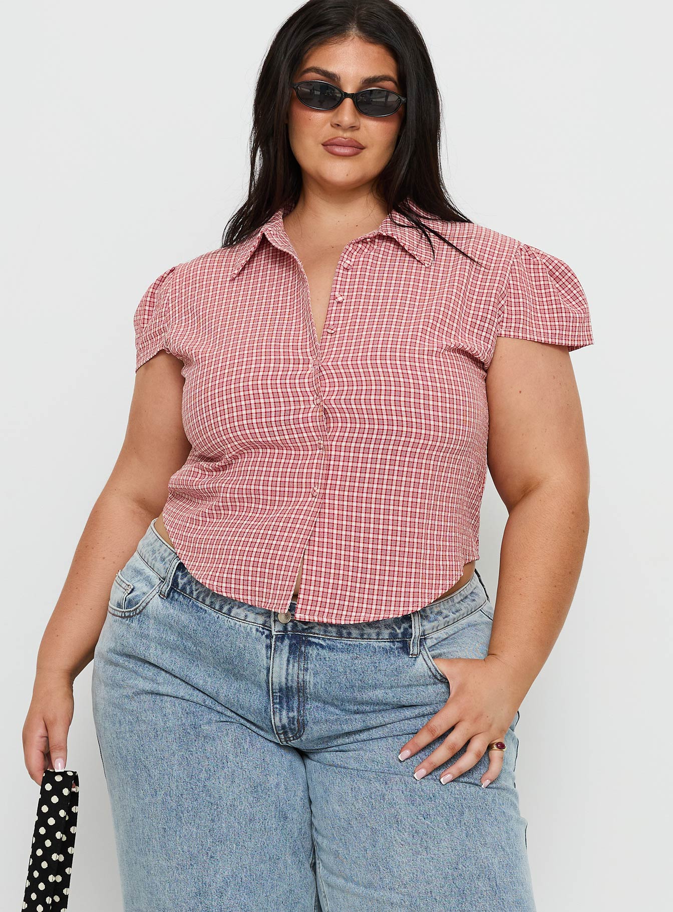 Float Away Button Up Top Red Check Curve - Image 2
