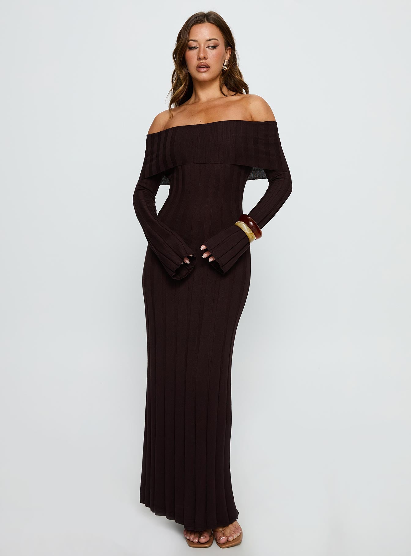 Ellouisa Long Sleeve Rib Maxi Dress Chocolate - Image 2