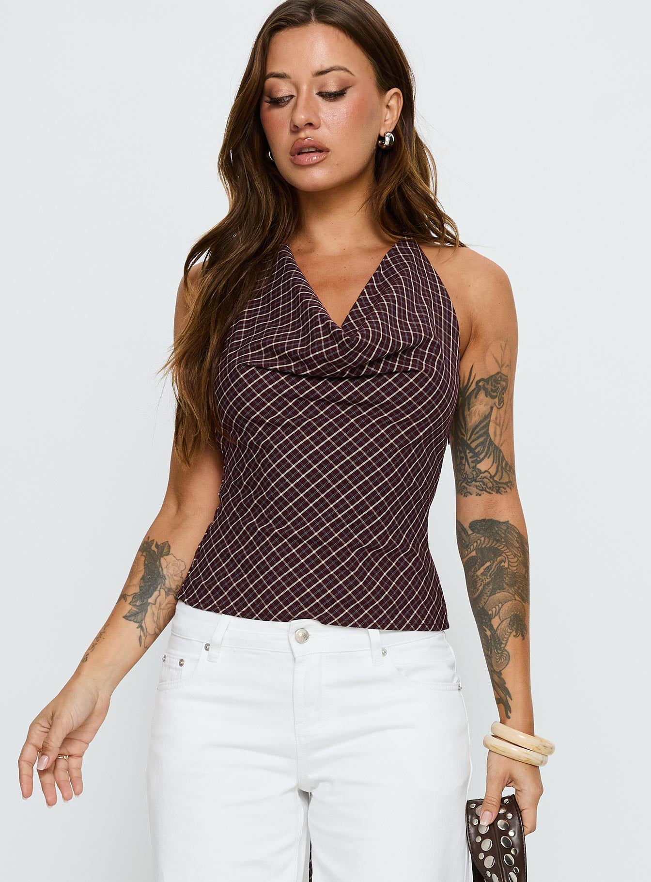 Gaybriel Cowl Neck Low Back Top Wine Check - Image 2
