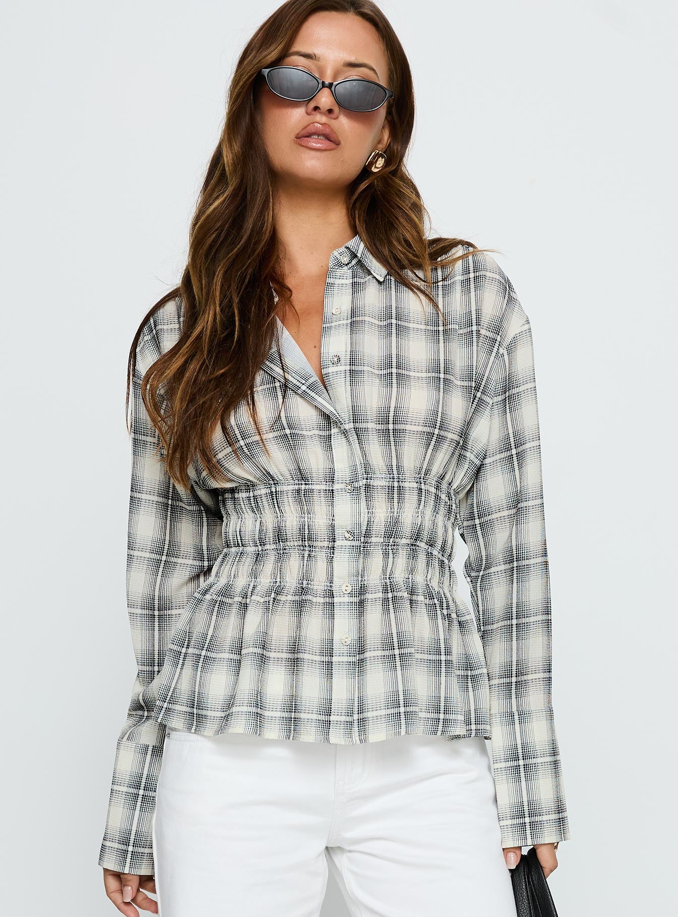 As You Are Shirred Button Up Top Black Check - Image 2