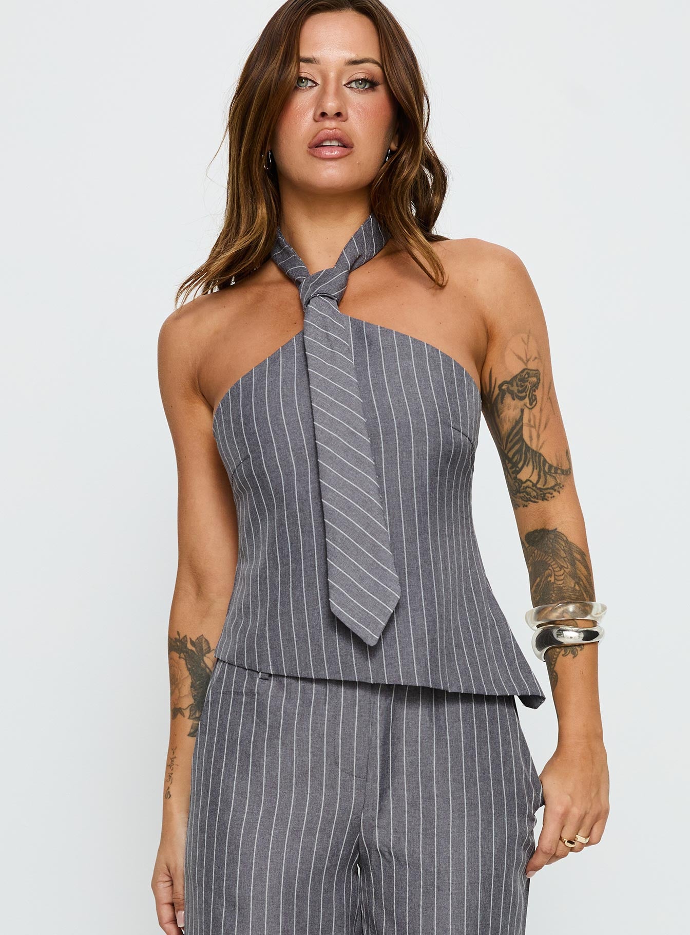 Uvelia Tie Detail Top Grey Pinstripe - Image 2