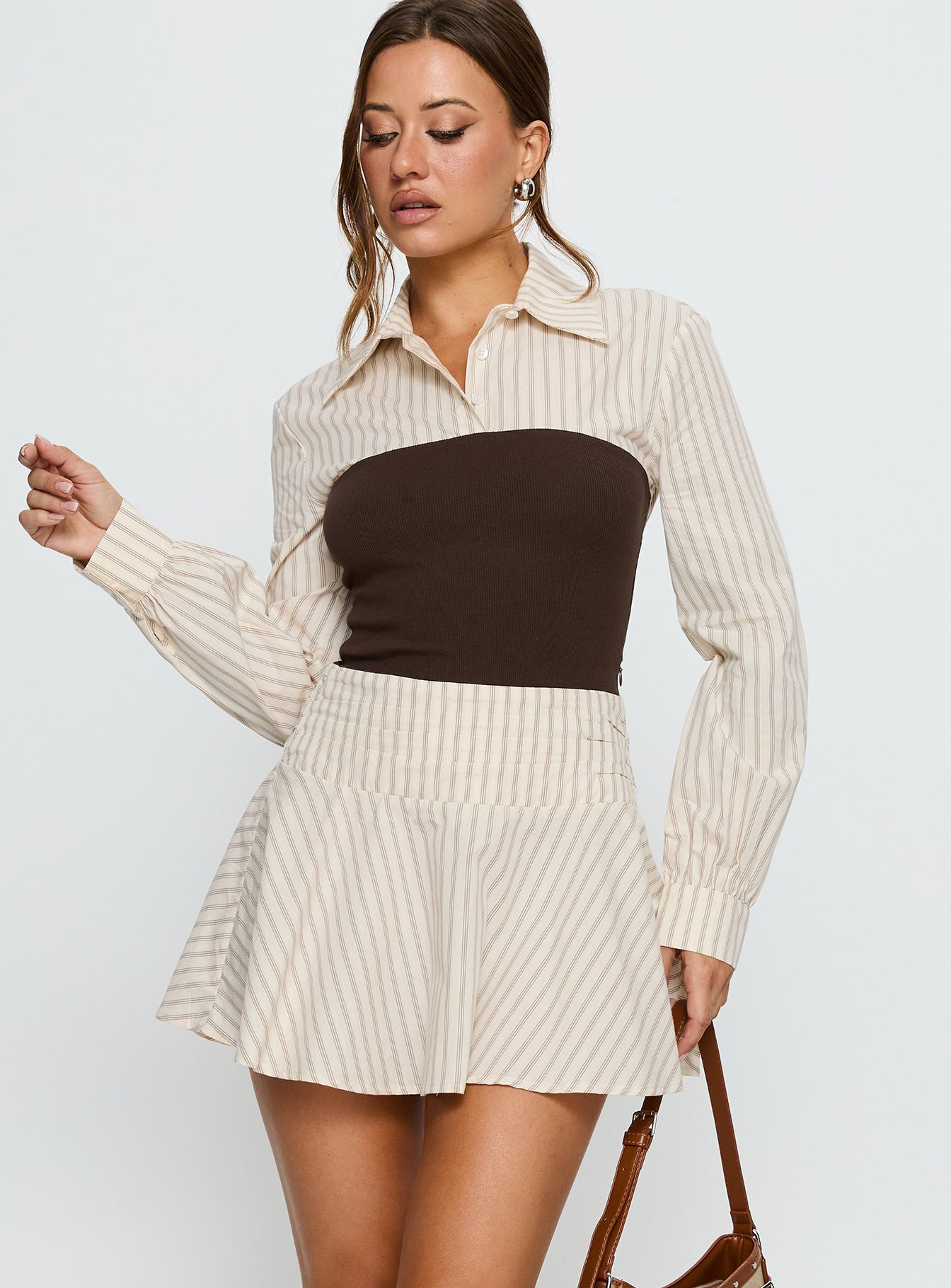 Belva Long Sleeve Corset Shirt Mini Dress Brown Stripe - Image 2