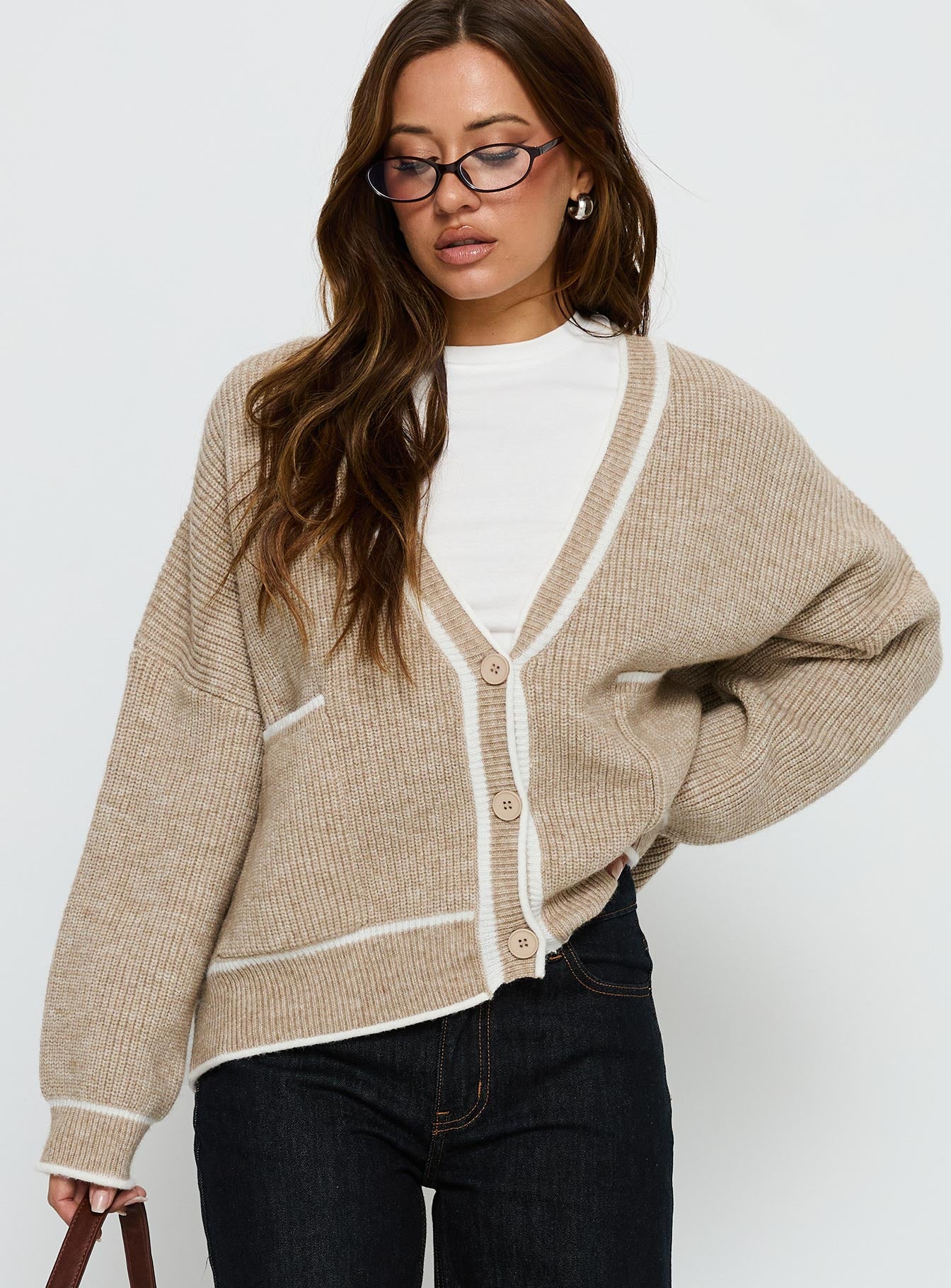 Cressara Contrast Knit Cardigan Beige White - Image 2