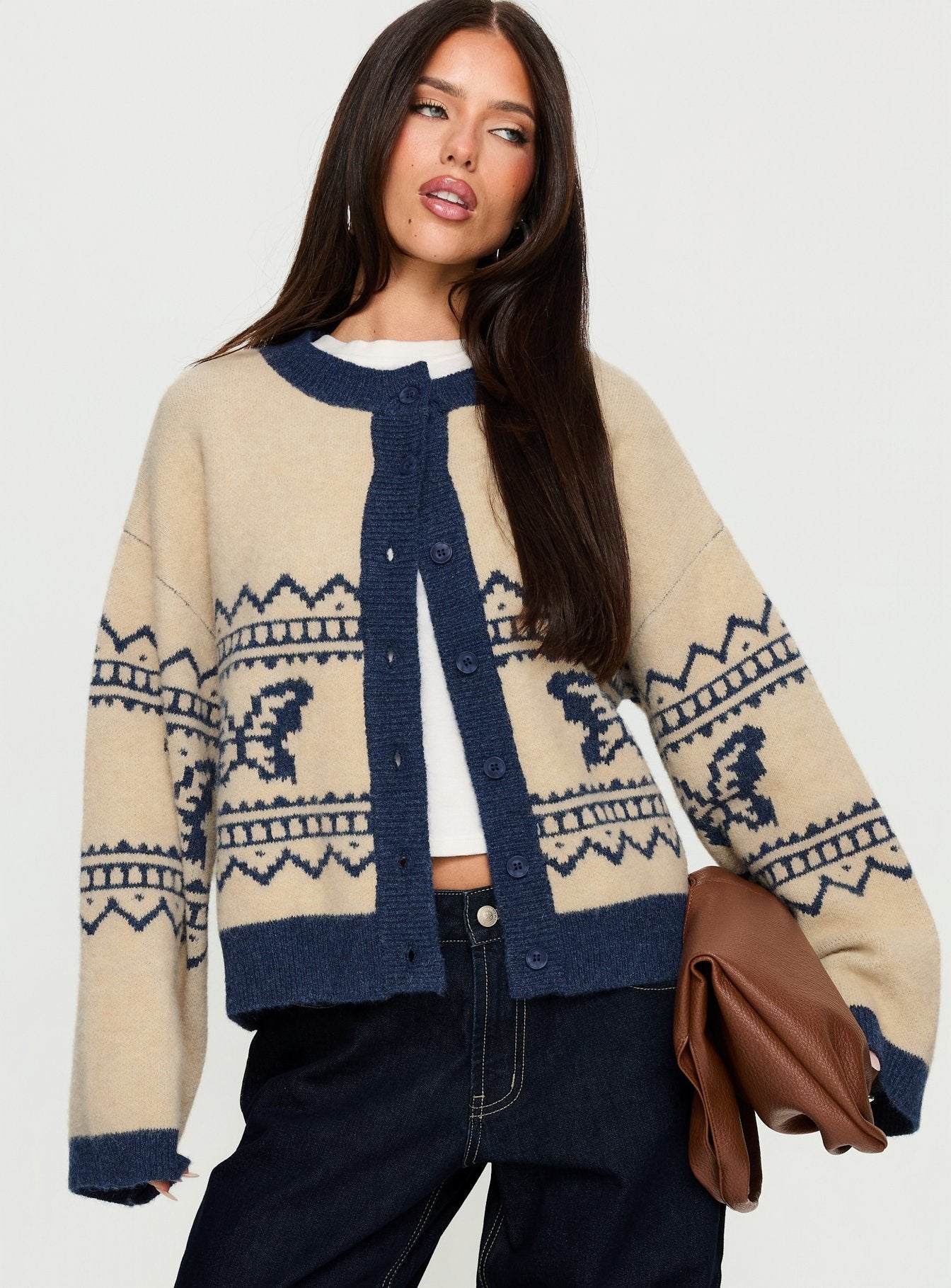 Wynoni Alpine Knit Cardigan Beige  Navy