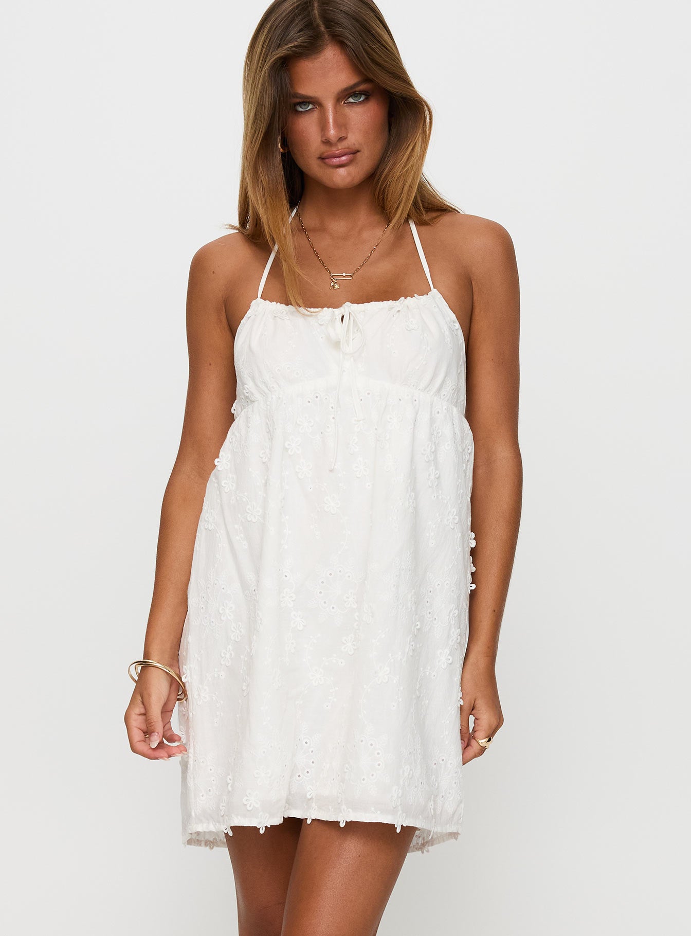 Daisy Chains Broderie Halter Mini Dress White - Image 2