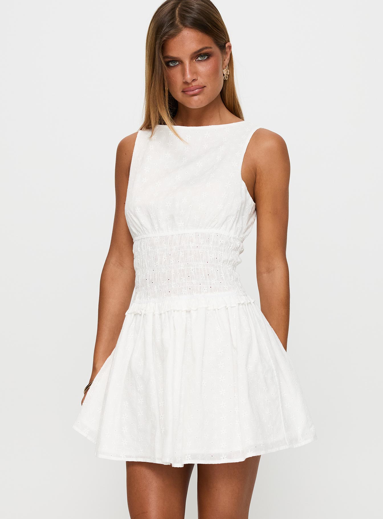 Yennifer Shirred Broiderie Mini Dress White - Image 2