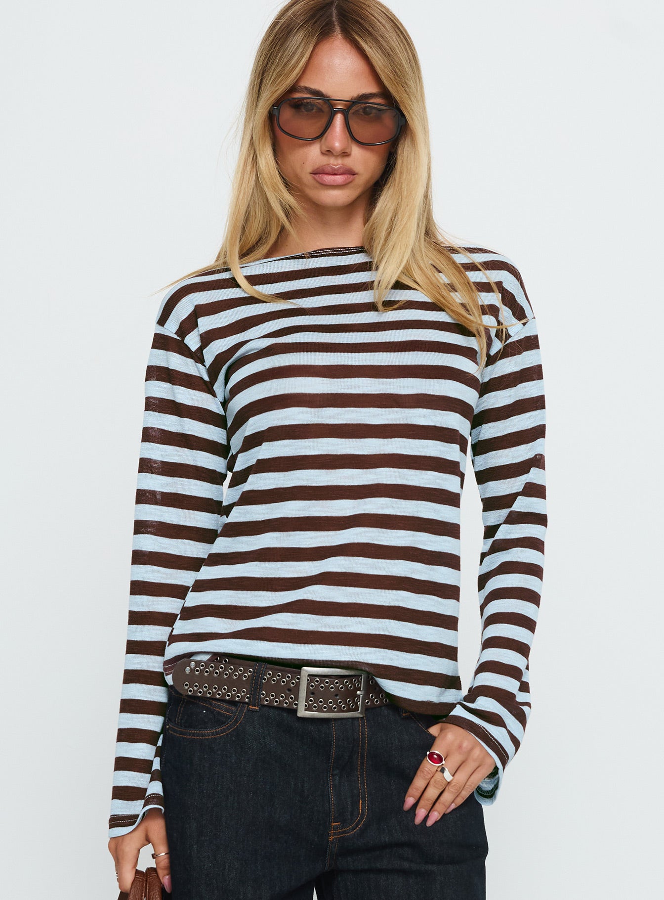 So Composed Boat Neck Long Sleeve Top Blue Stripe - Image 2