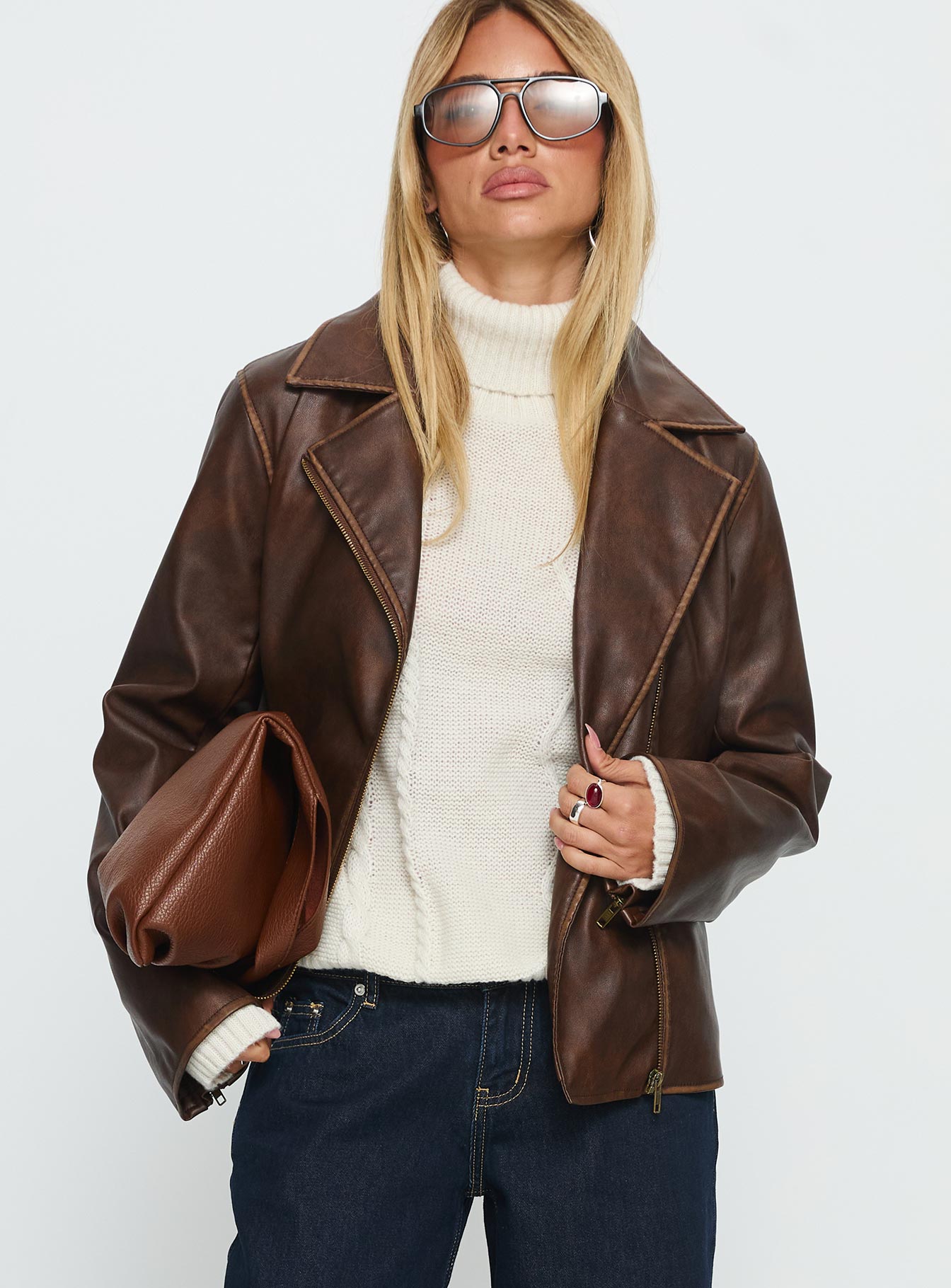 Vyolette Faux Leather Collared Jacket Washed Brown - Image 2