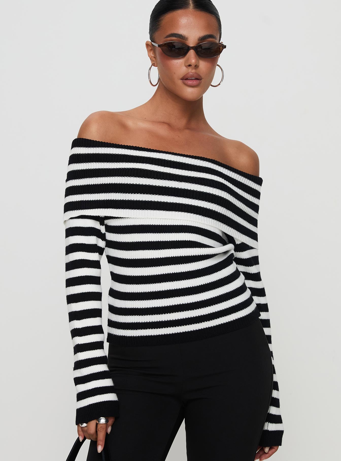 Danyel Off The Shoulder Sweater Black White Stripe - Image 2