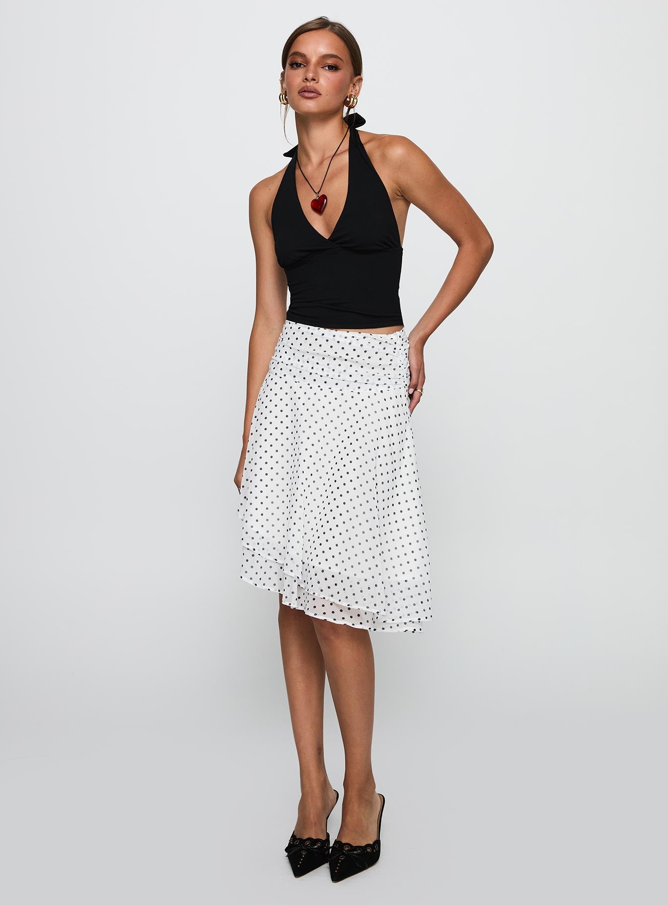 Evanescence Asymmetrical Midi Skirt White Polka Dot - Image 2