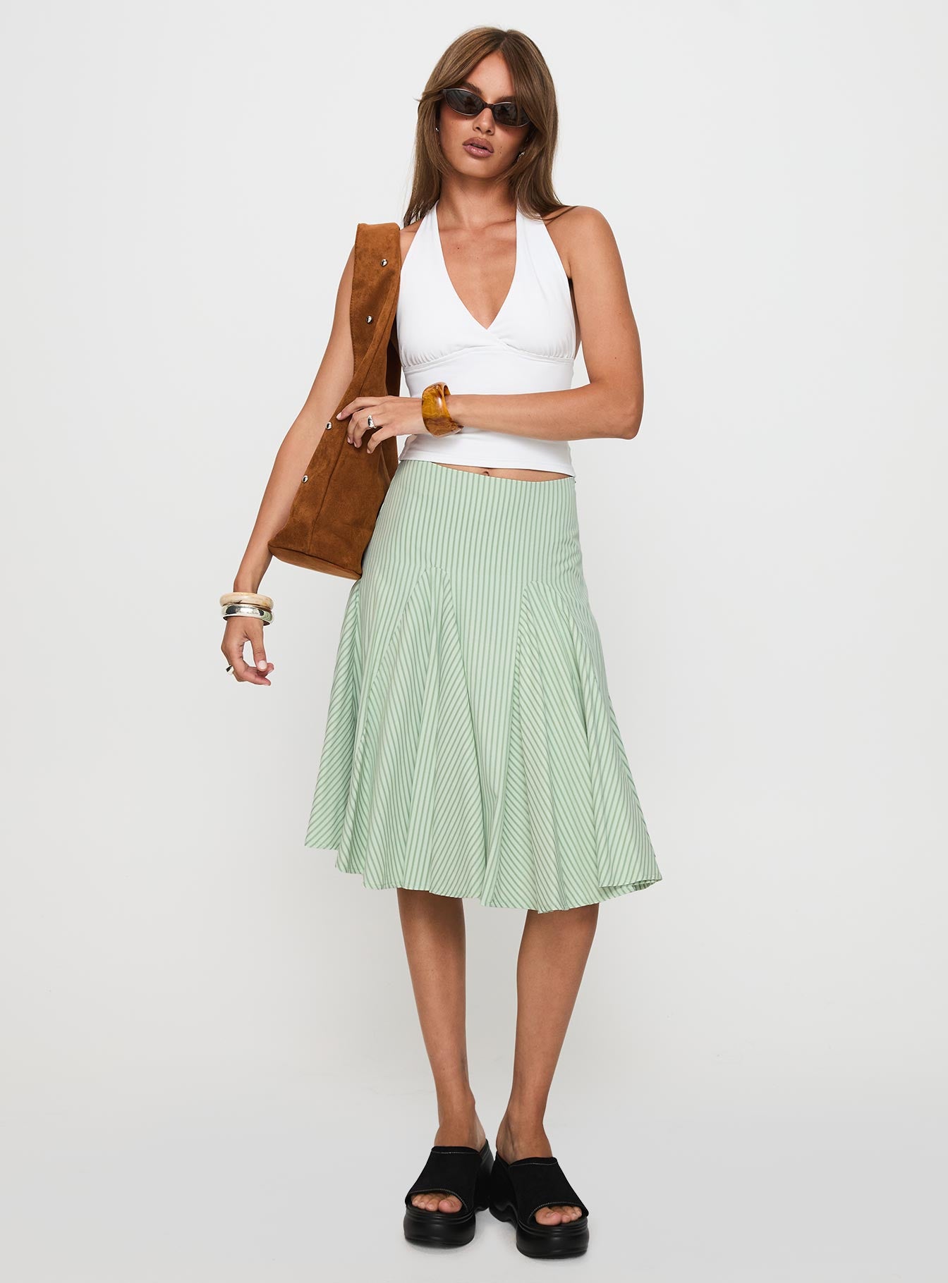 Evangaleine Pleat Midi Skirt Green White - Image 2
