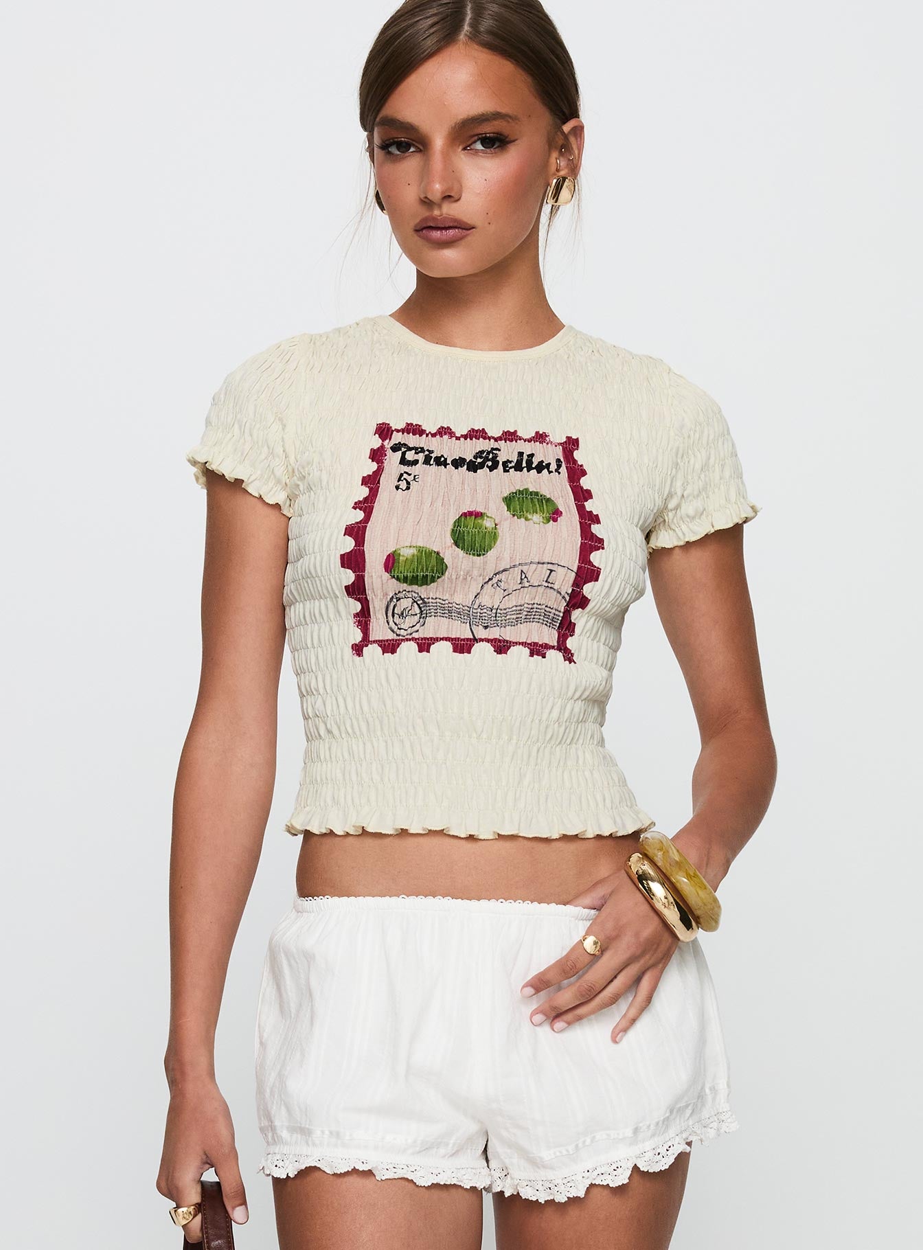 Ciao Bella Shirred Graphic Top Cream - Image 2