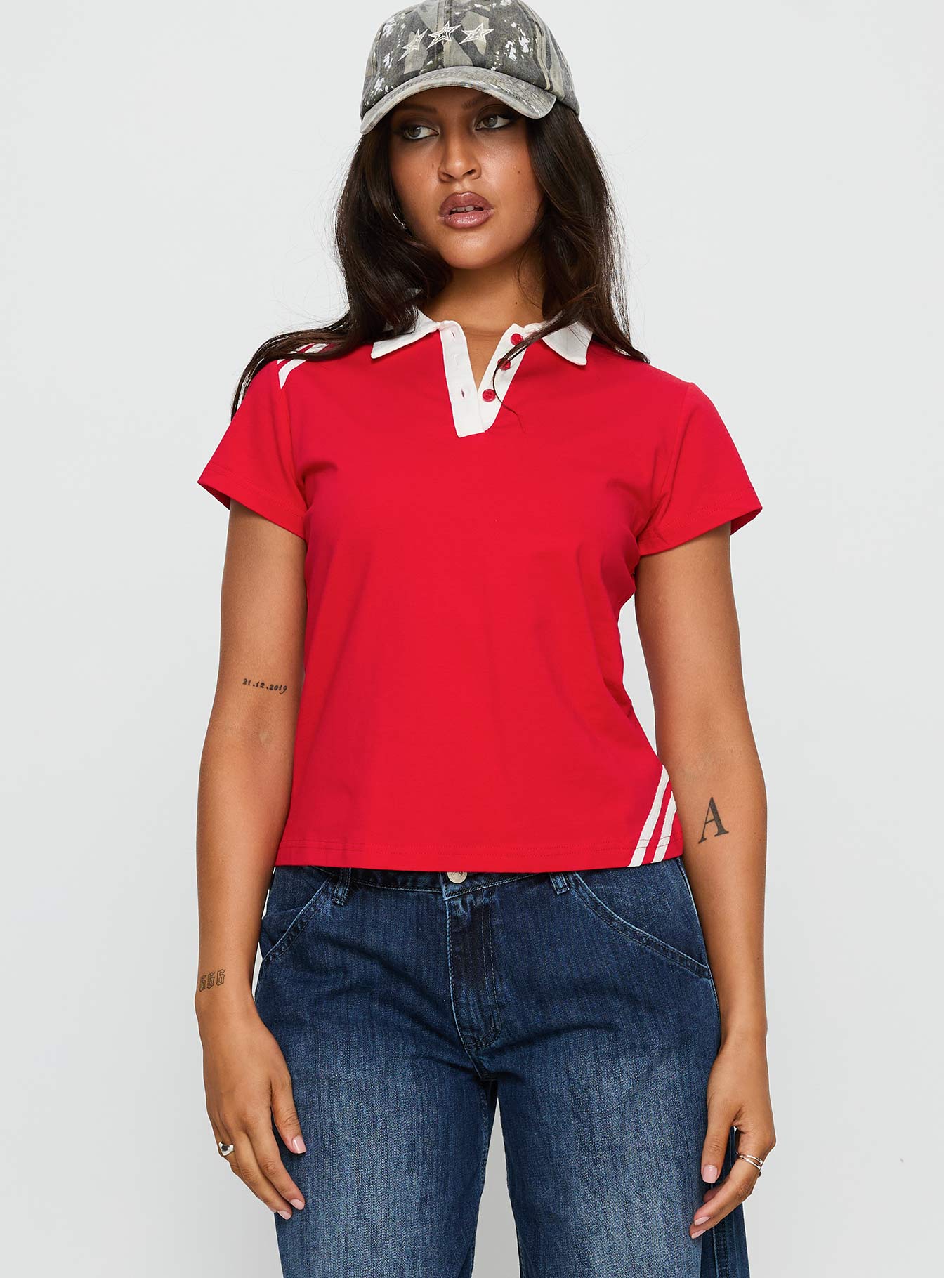 Learn Your Lesson Contrast Collared Top Red White - Image 2