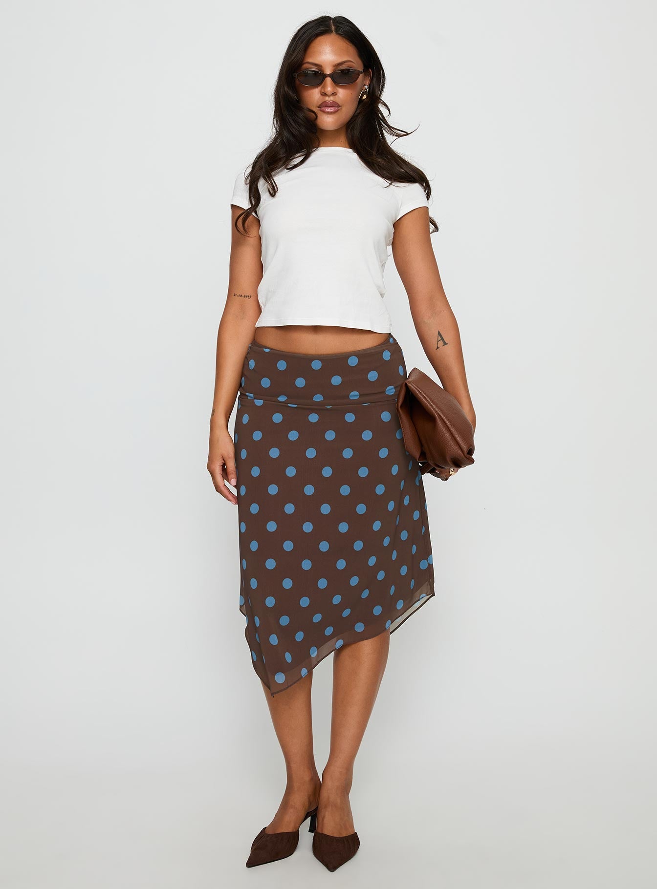 Daphene Asymmetrical Midi Skirt Brown Blue Polka Dot - Image 2
