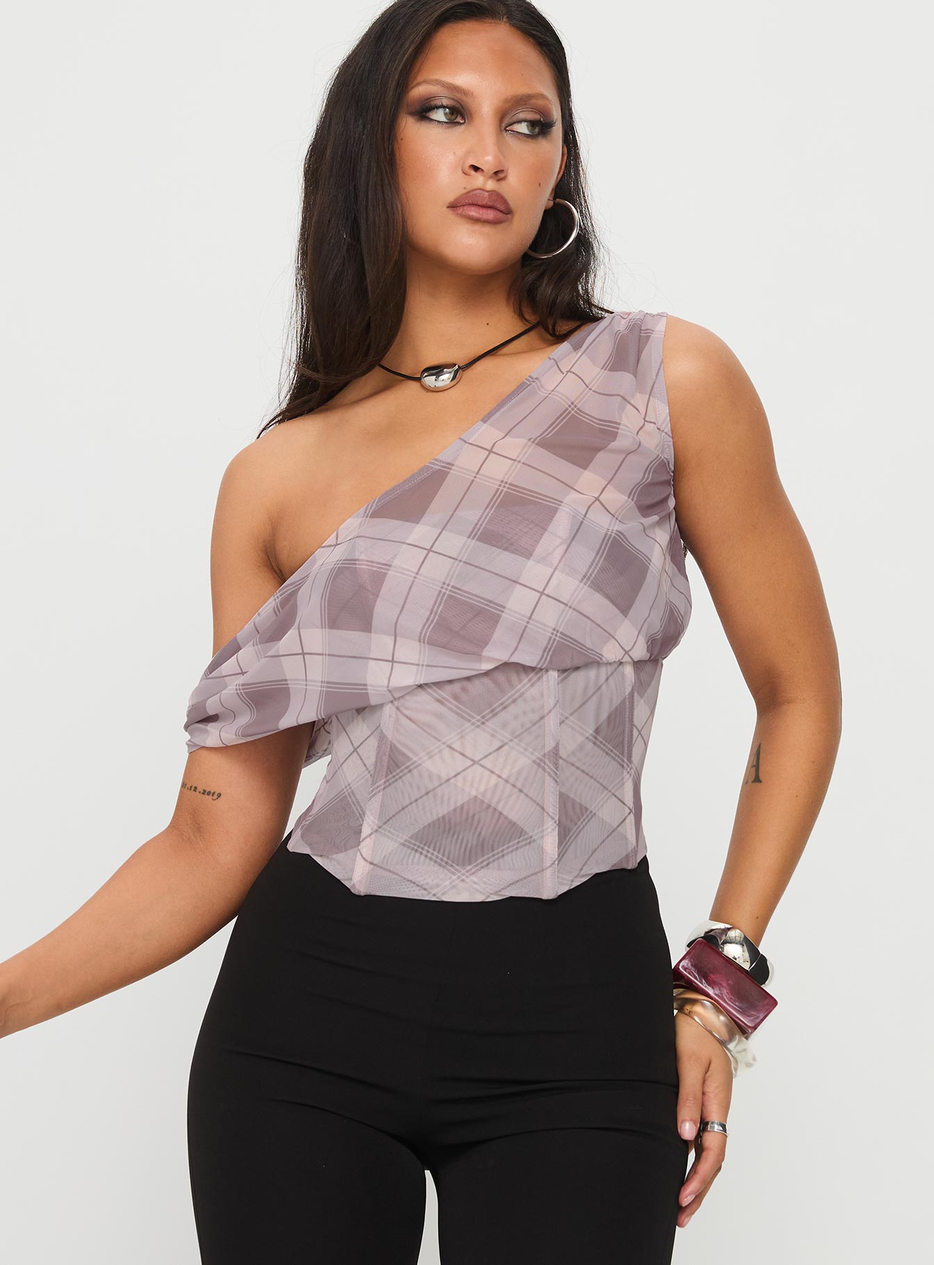 Amabelle Corset Draped Top Multi Plaid - Image 2