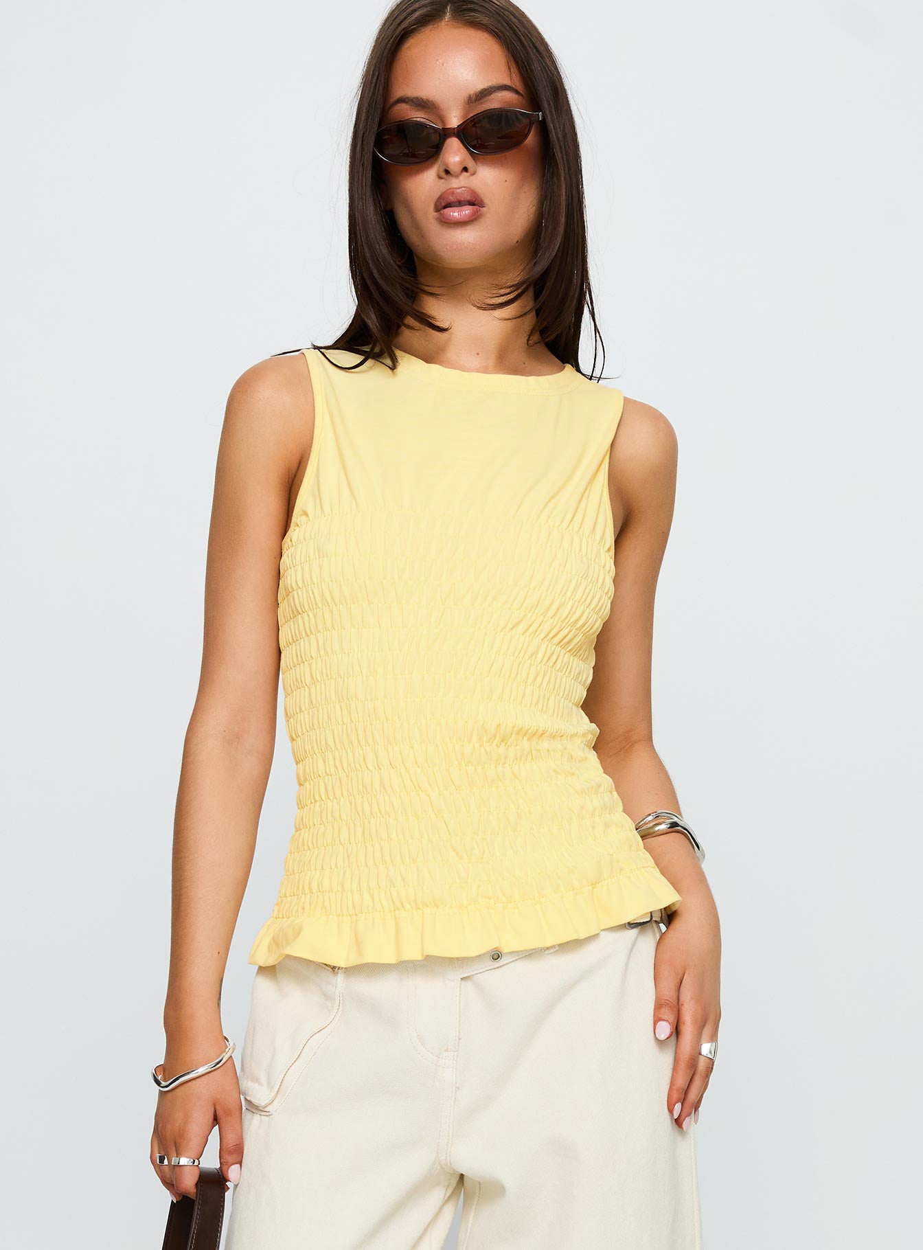 Maybe Tomorrow Ruched Sleeveless Top Lemon - Image 2