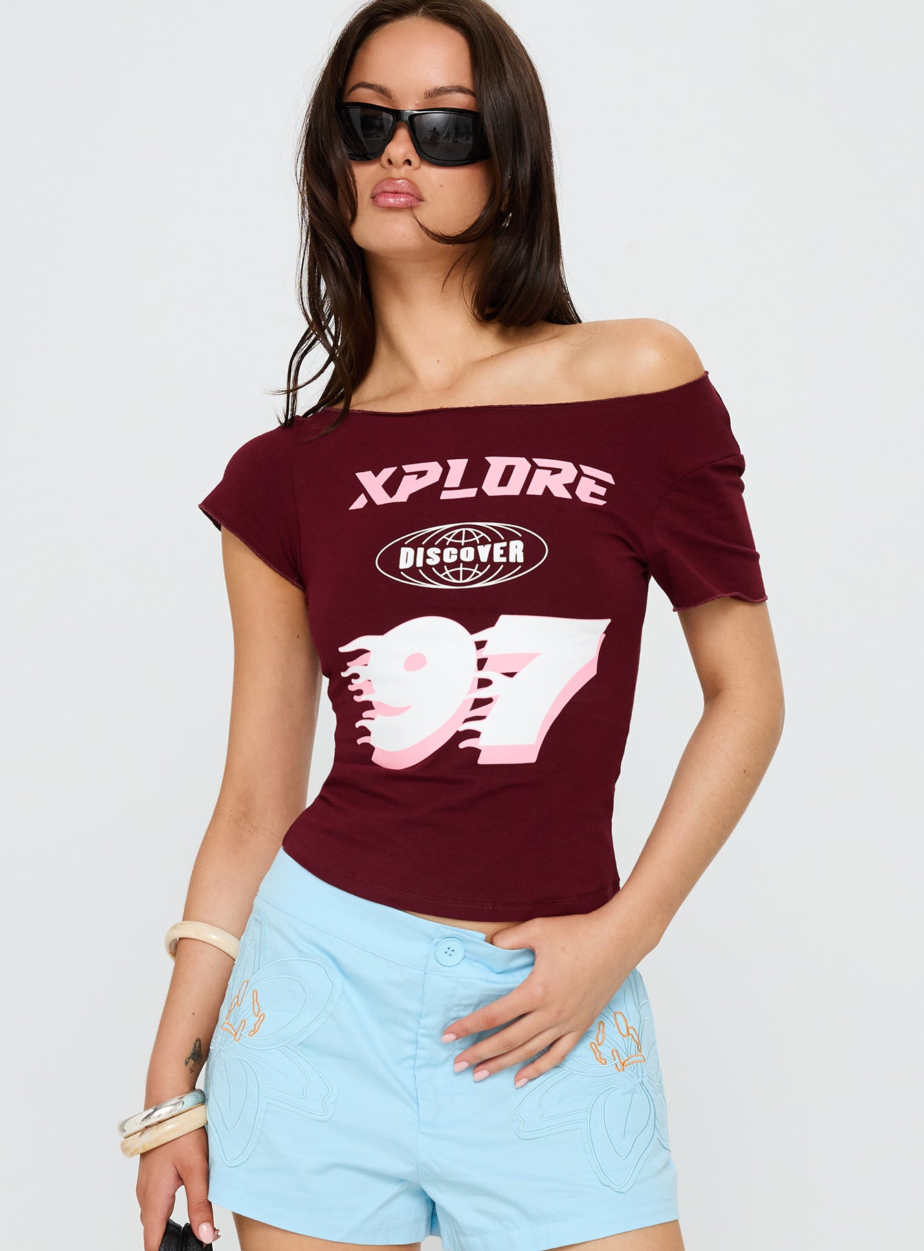 Xplore 97 Off Shoulder Graphic Top Burgundy - Image 2